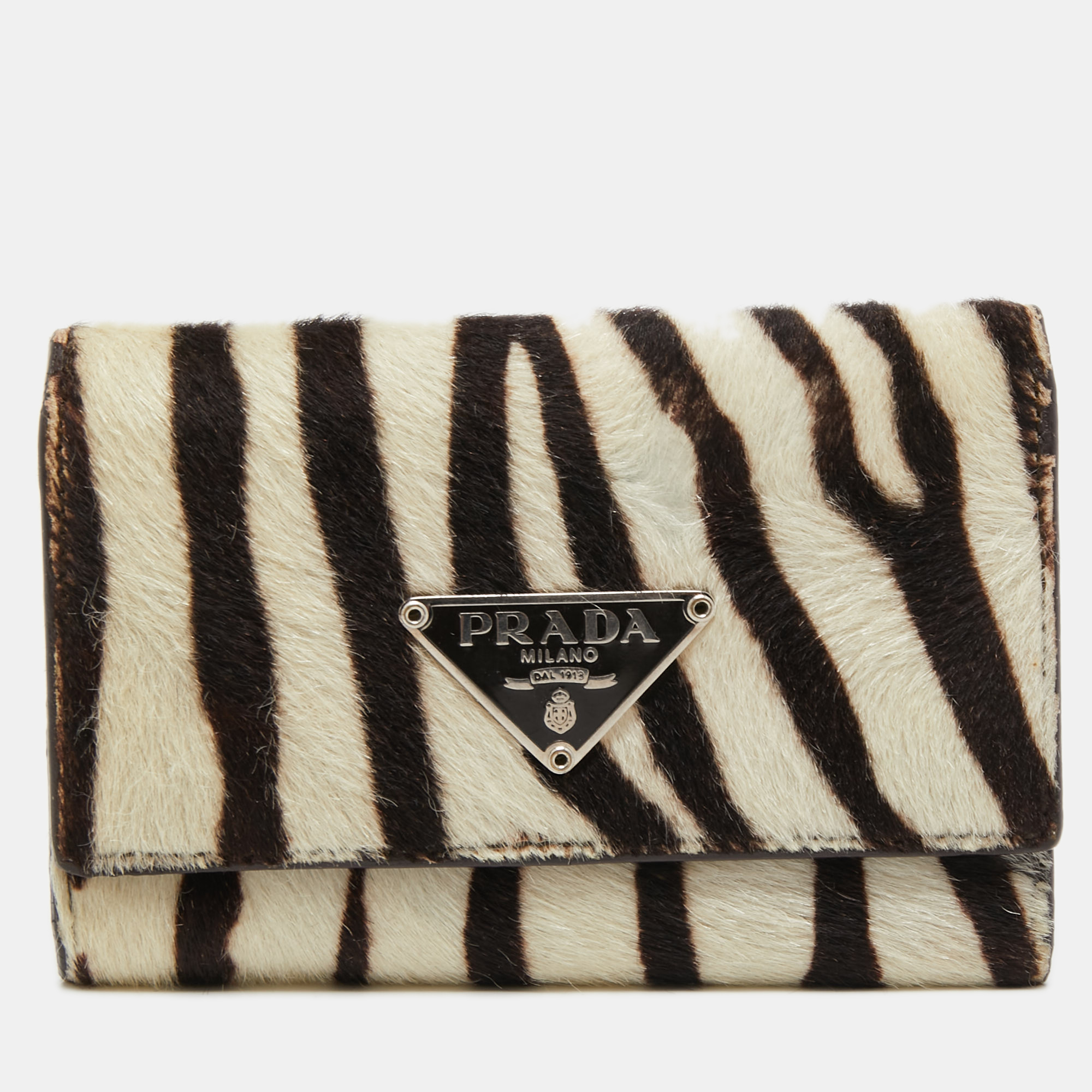 Prada White/Black Zebra Print Calf Hair Key Holder   