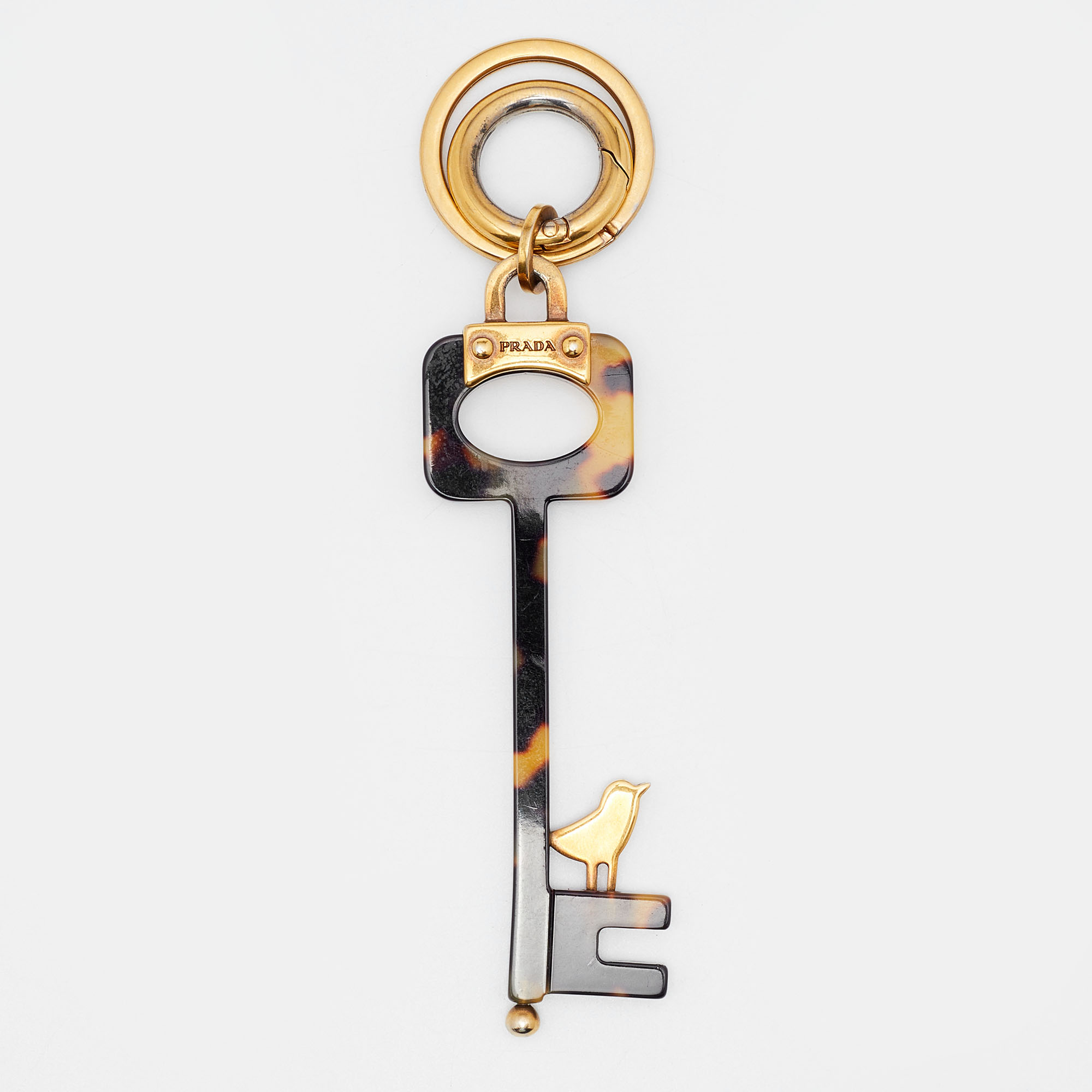 

Prada Brown Tortoiseshell Acetate Gold Tone Key & Bird Keyring