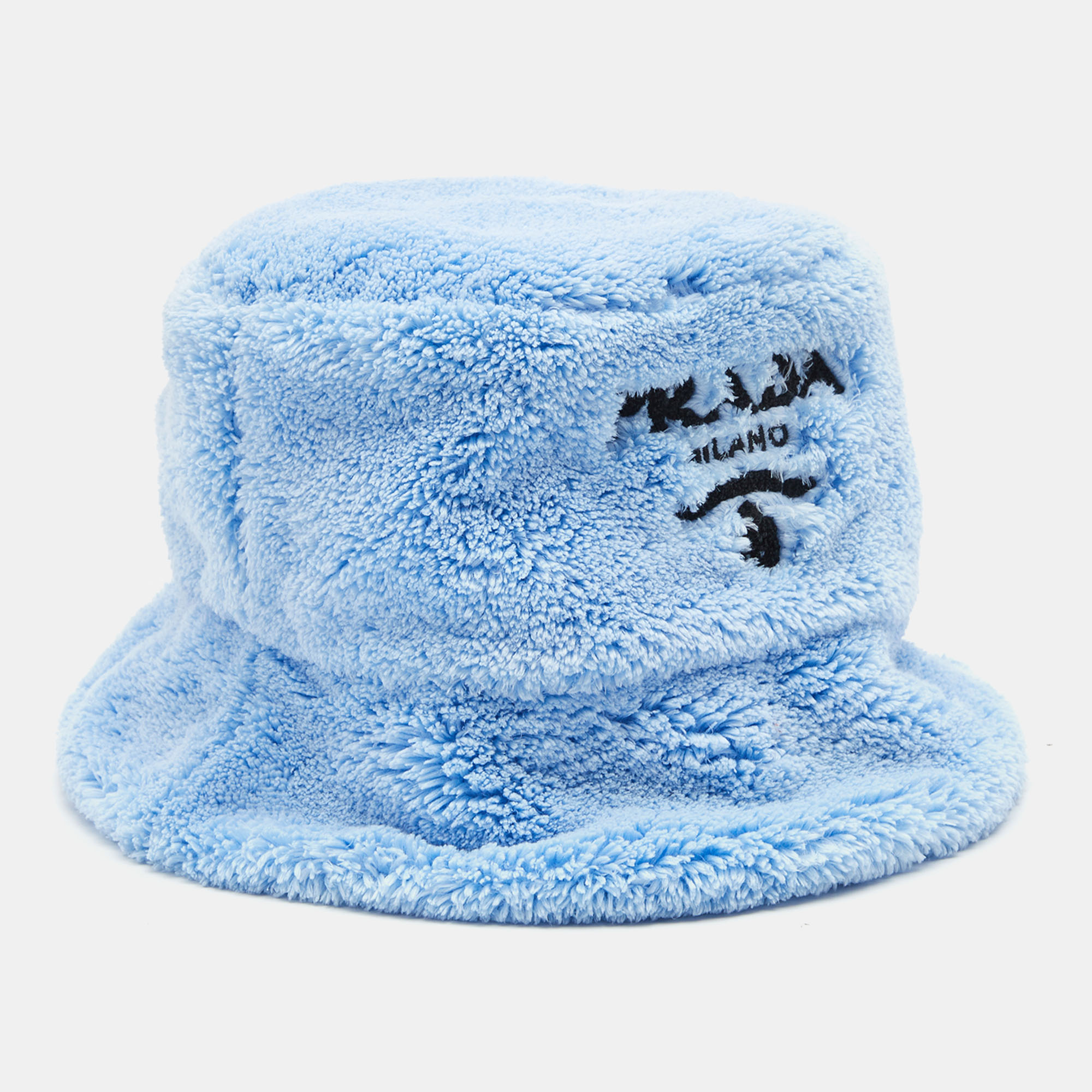 

Prada Celeste Blue Terry Contrast Logo Embroidered Bucket Hat