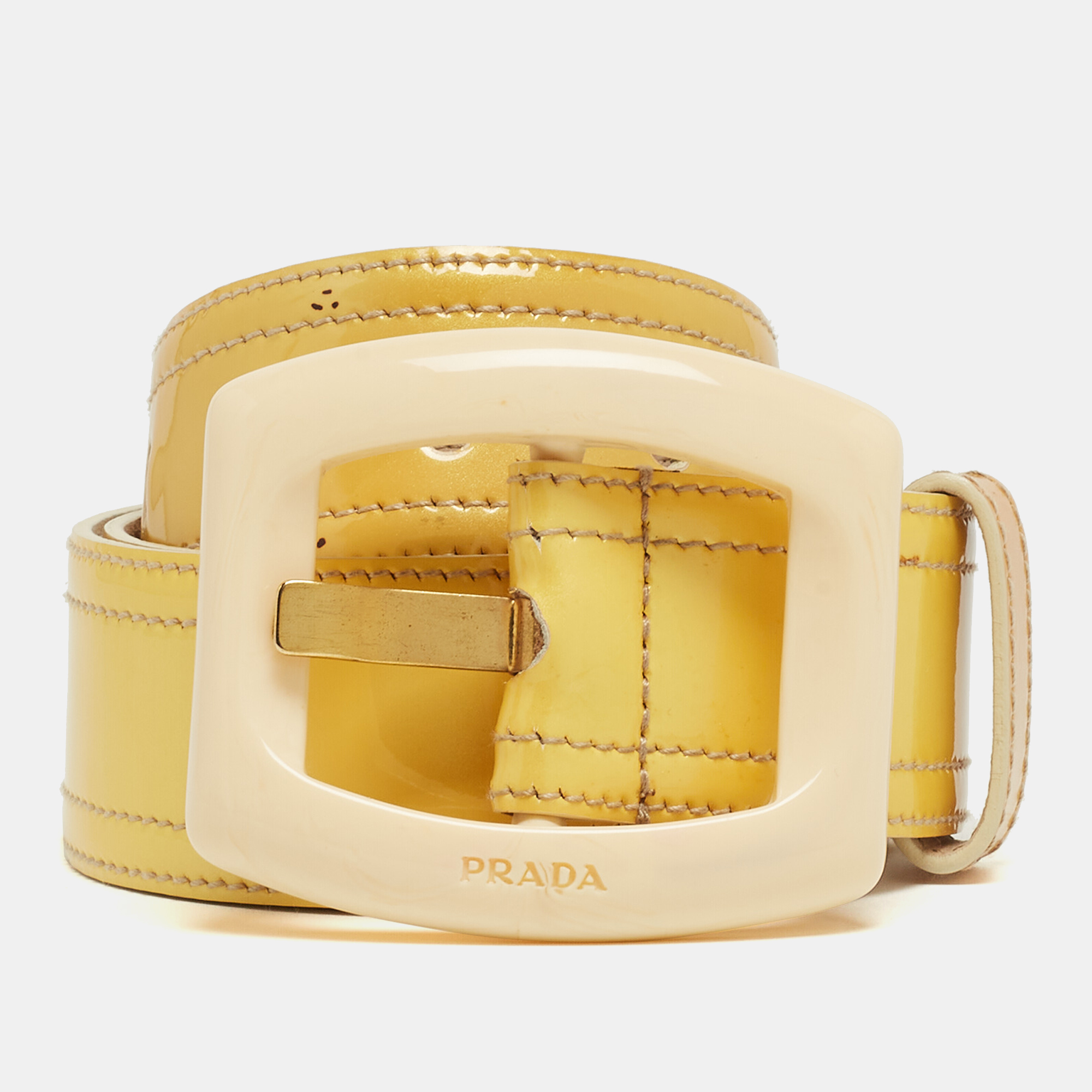 Pre-owned Prada Cream Patent Leather Buckle Belt 85cm