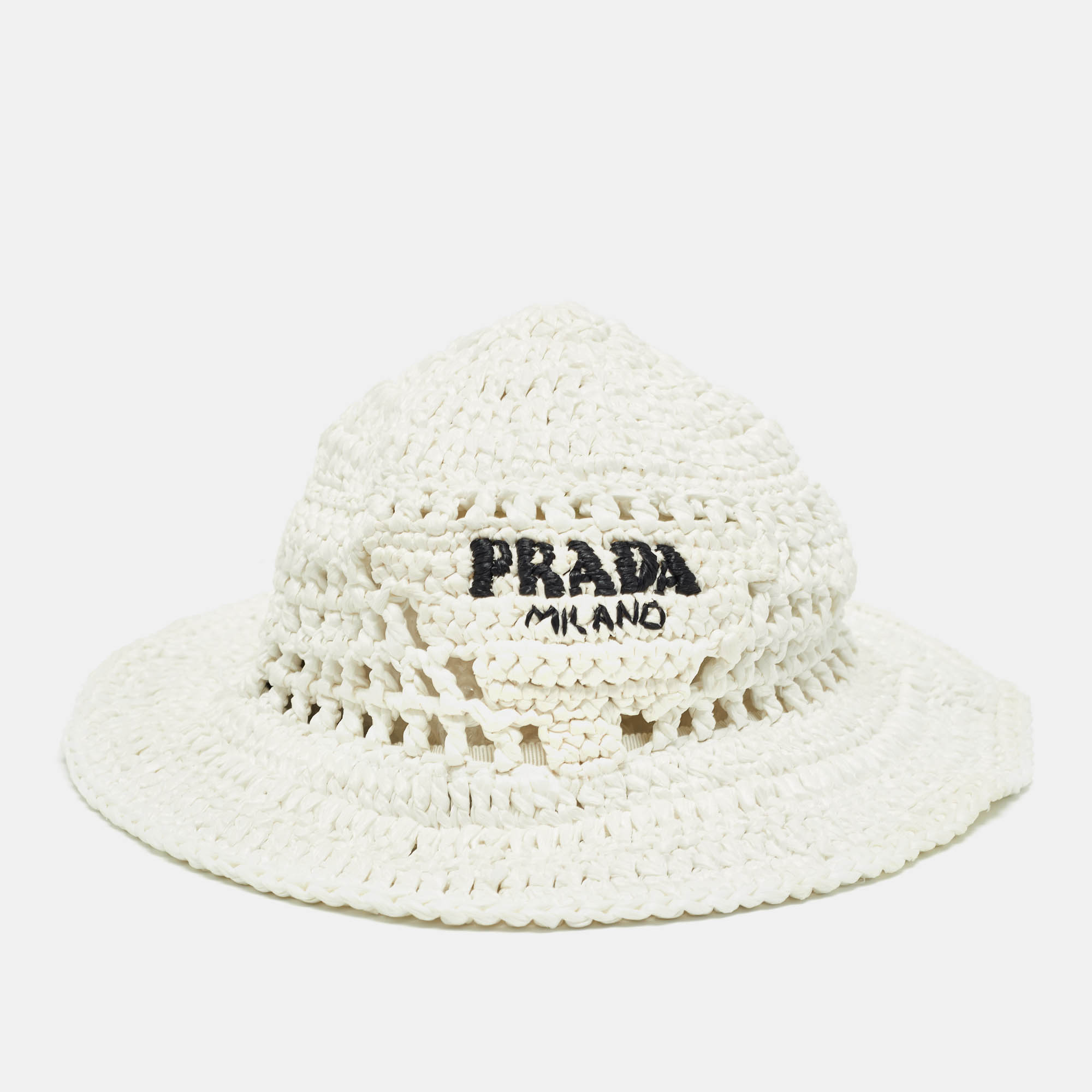

Prada White Raffia Crochet Bucket Hat M