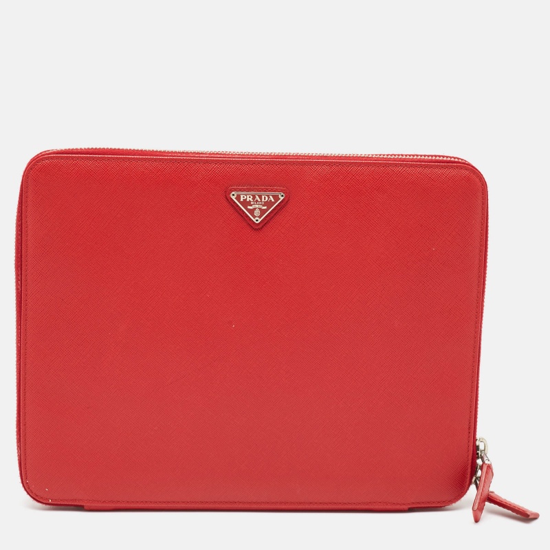 Pre-owned Prada Red Saffiano Lux Leather Zip Around Ipad Case