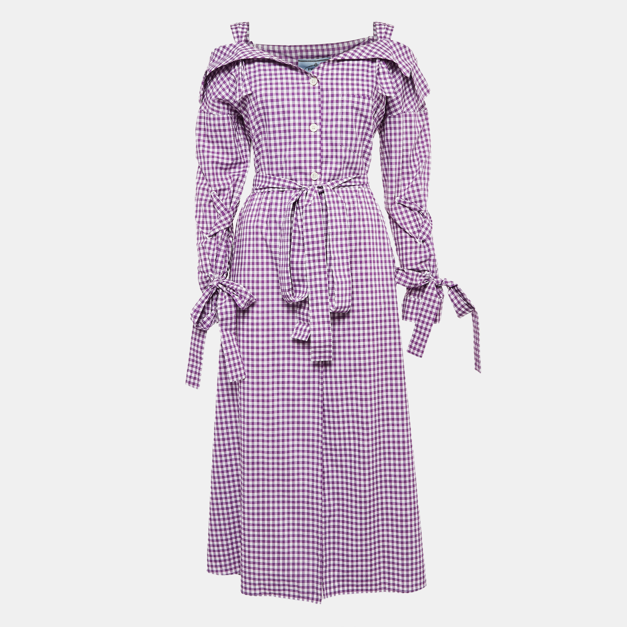 

Prada Purple Gingham Cotton Bow Detail Belted Midi Dress M