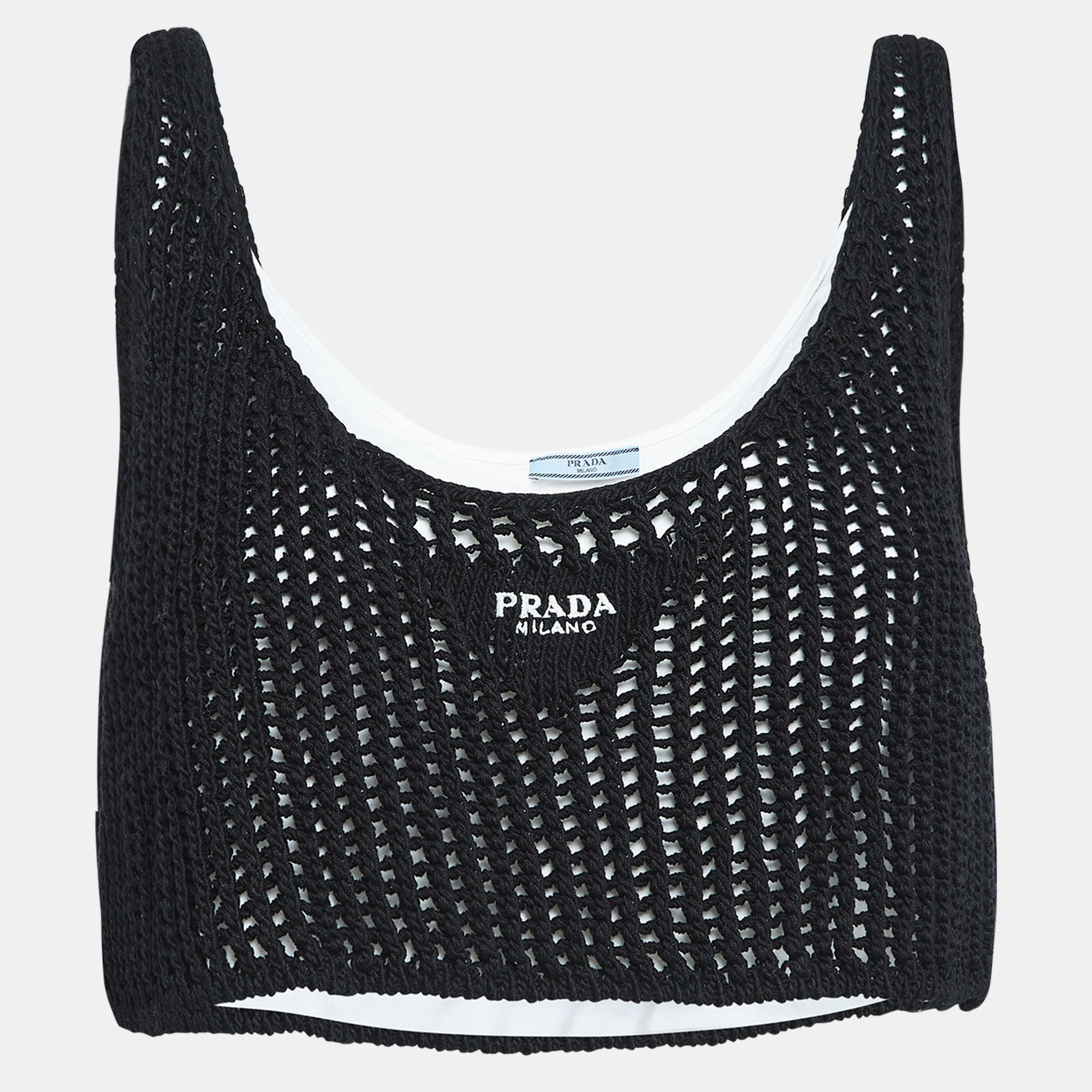 

Prada Scoop Neck Crochet Knit Crop Top M, Black