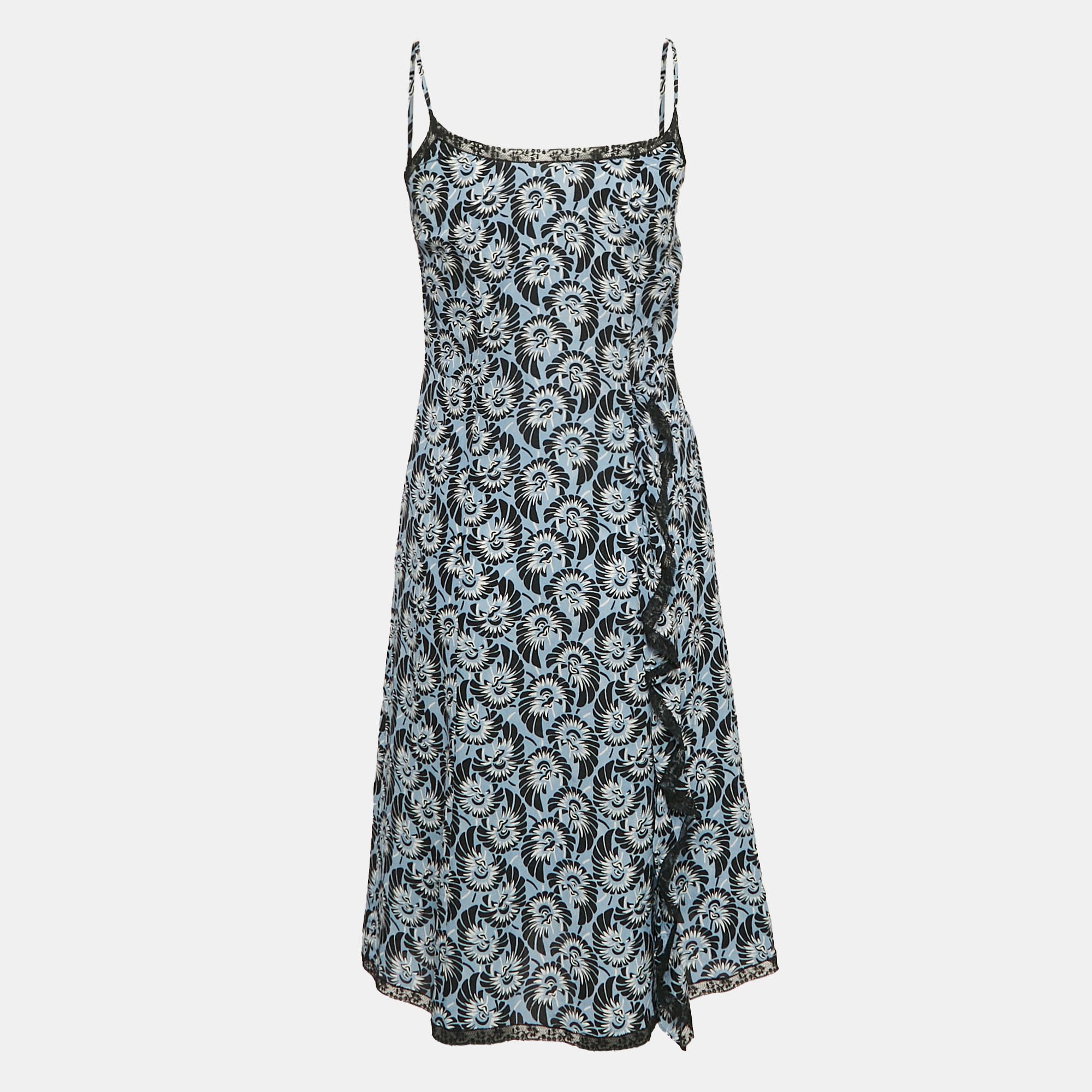 

Prada Blue Floral Print Silk Ruffled Sleeveless Short Dress S