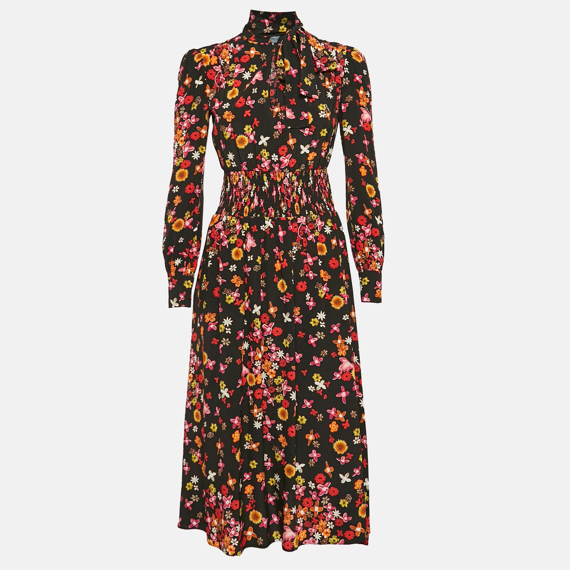 

Prada Black Floral Print Silk Detachable Neck Tie-Up Midi Dress S