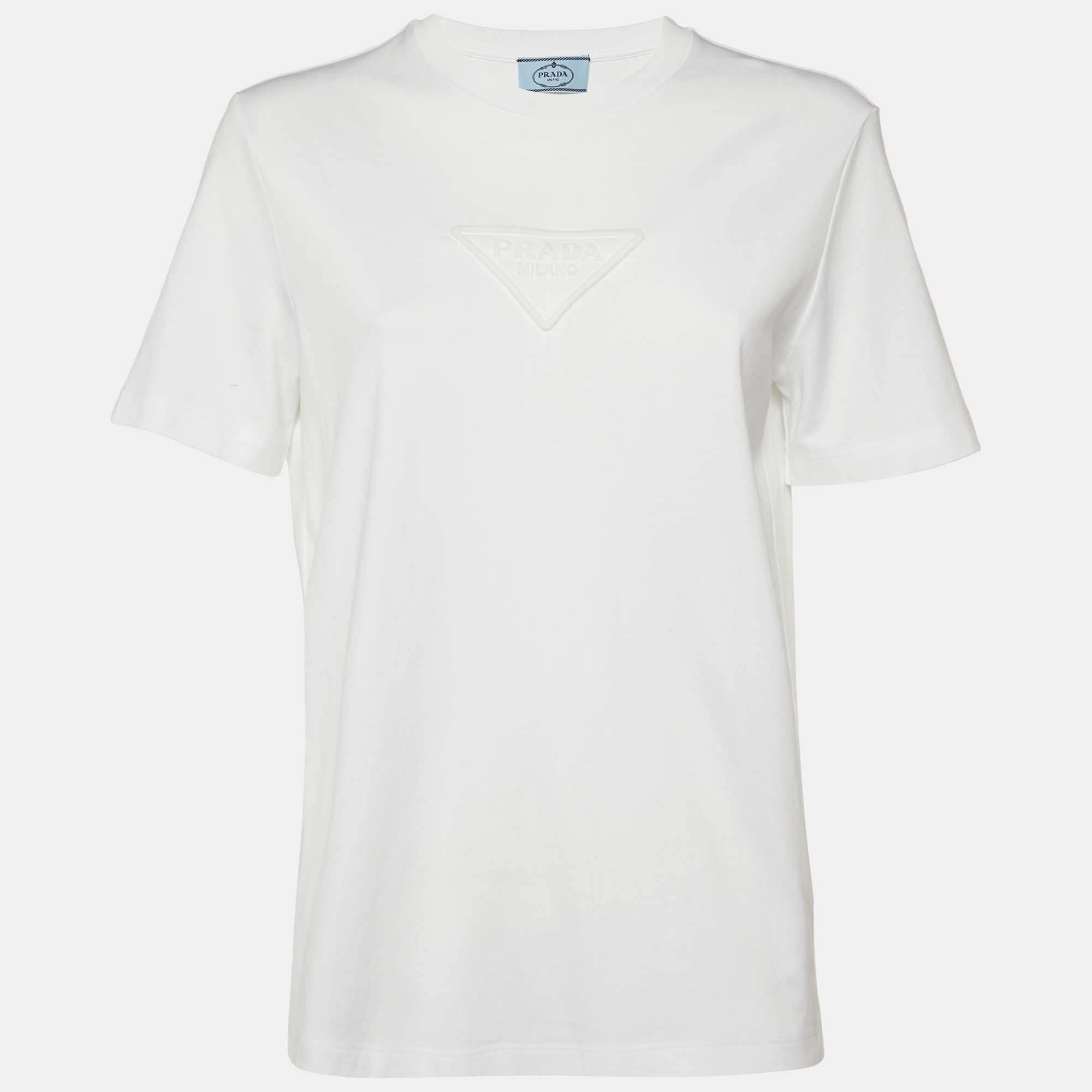 Pre-owned Prada White 3d Logo Interlock Cotton Crew Neck T-shirt L