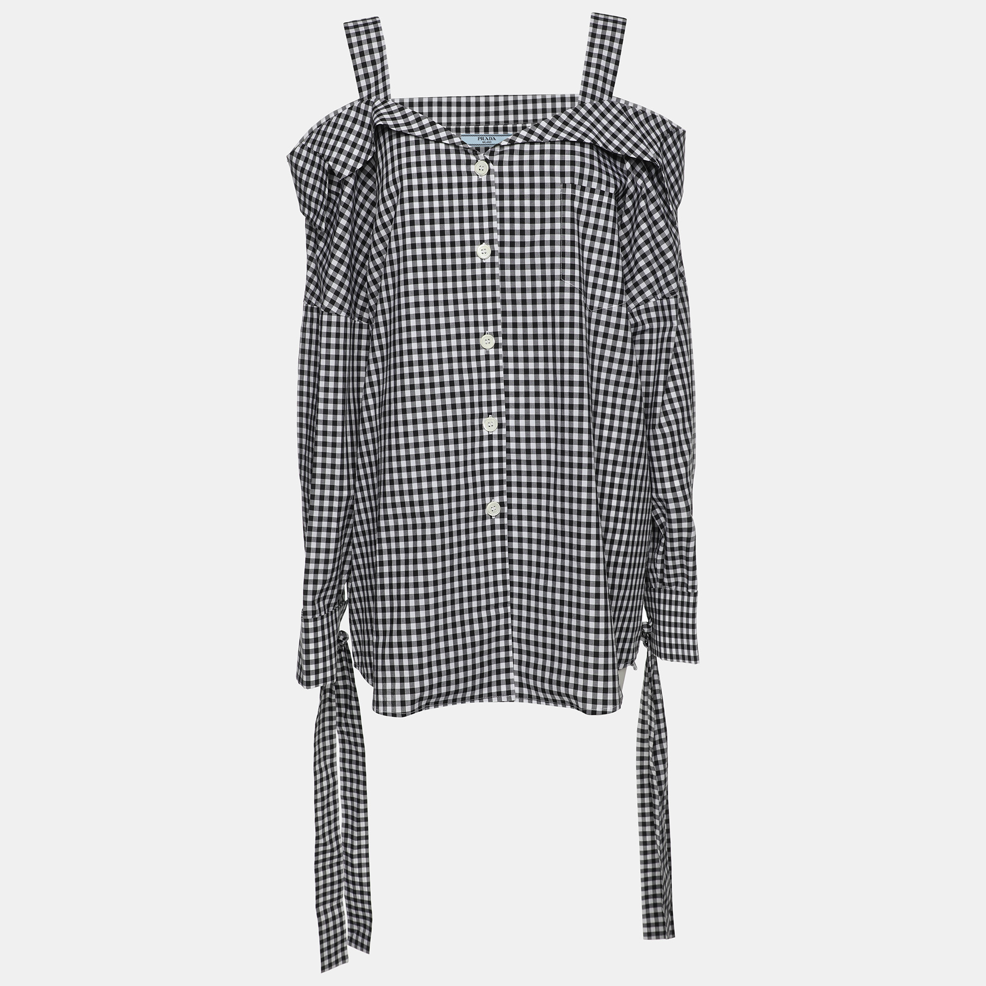 

Prada White/Black Gingham Pattern Cotton Off The Shoulder Shirt M