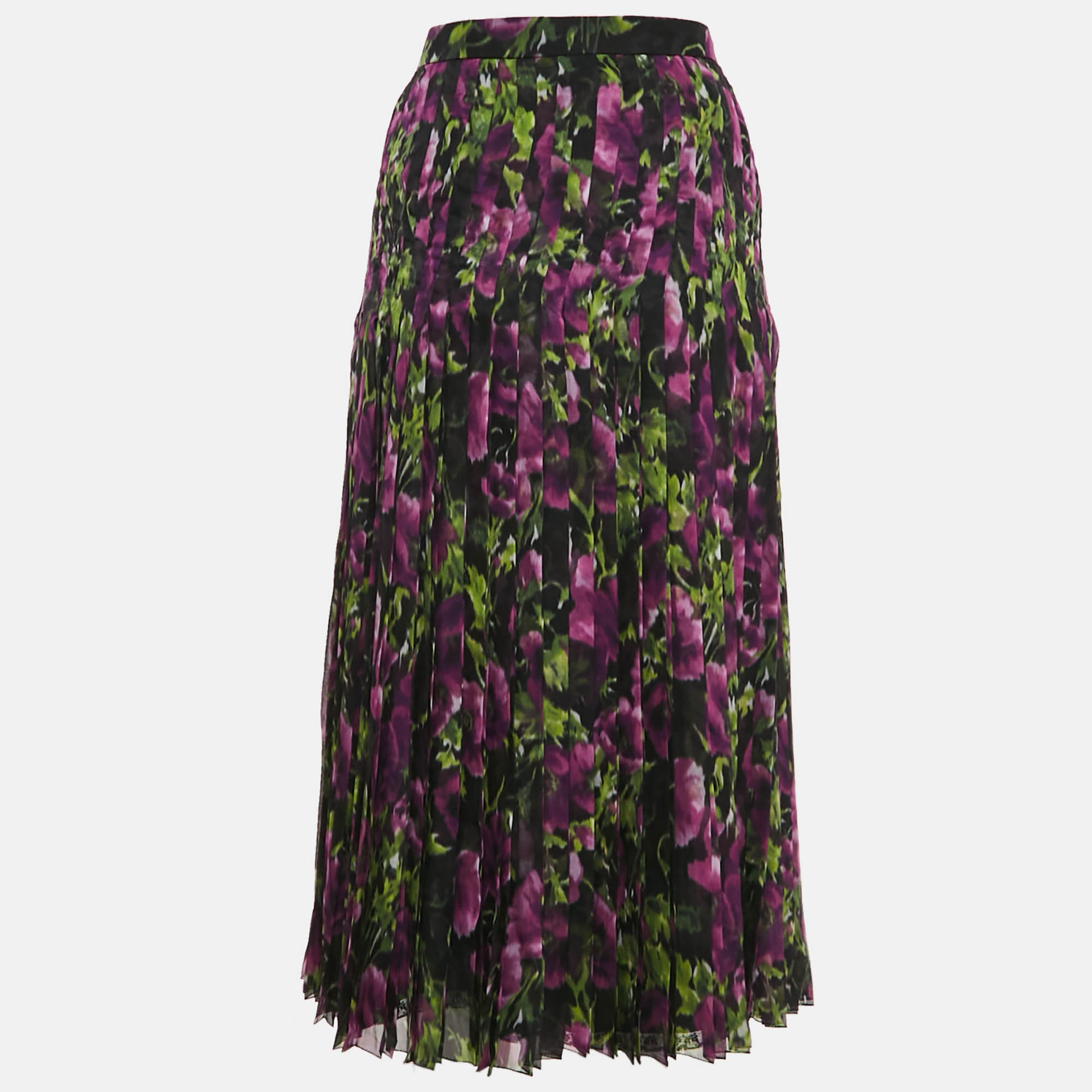 Prada Multicolor Floral Print Silk Pleated Midi Skirt L 