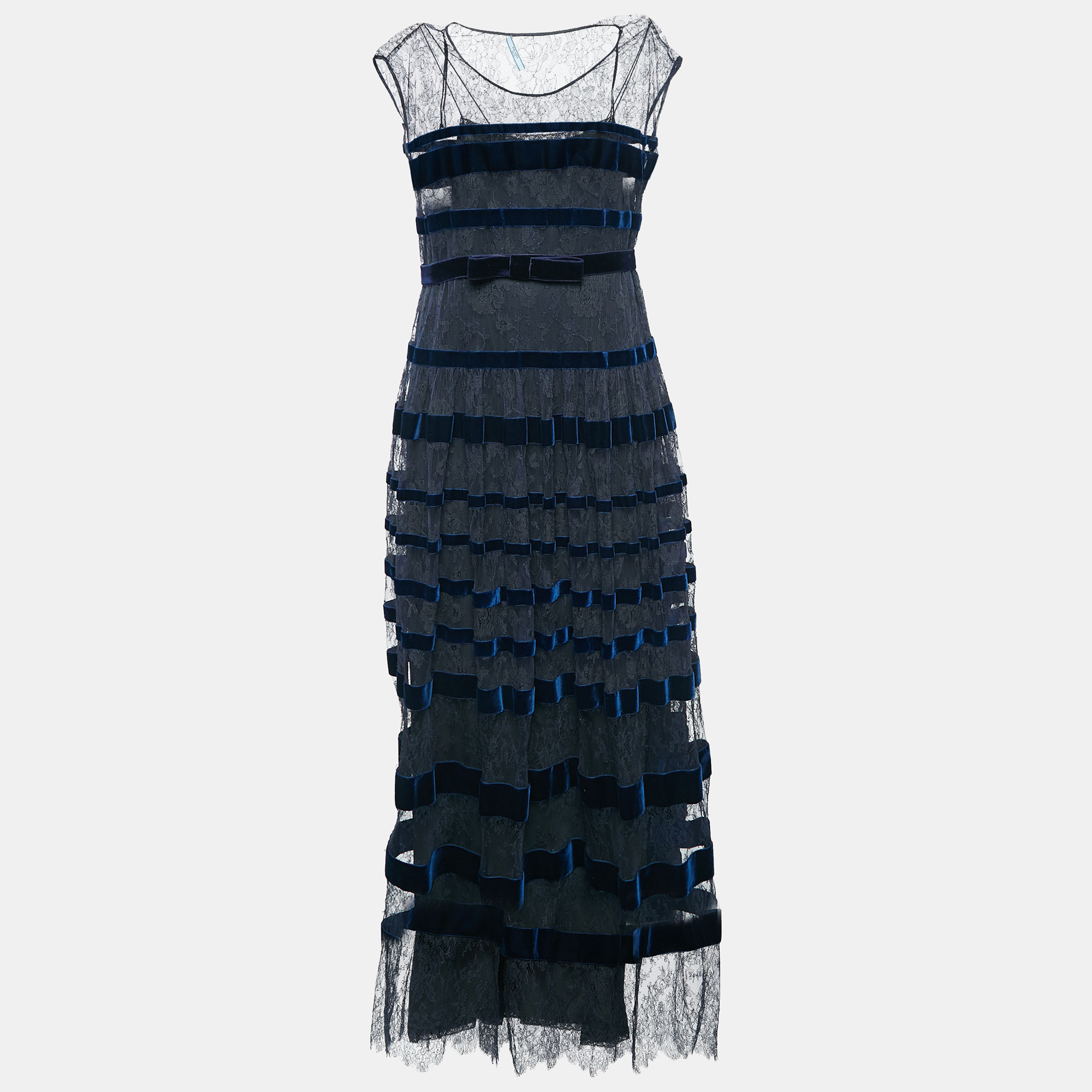 

Prada Black Lace and Velvet Stripe Belted Maxi Dress M, Blue