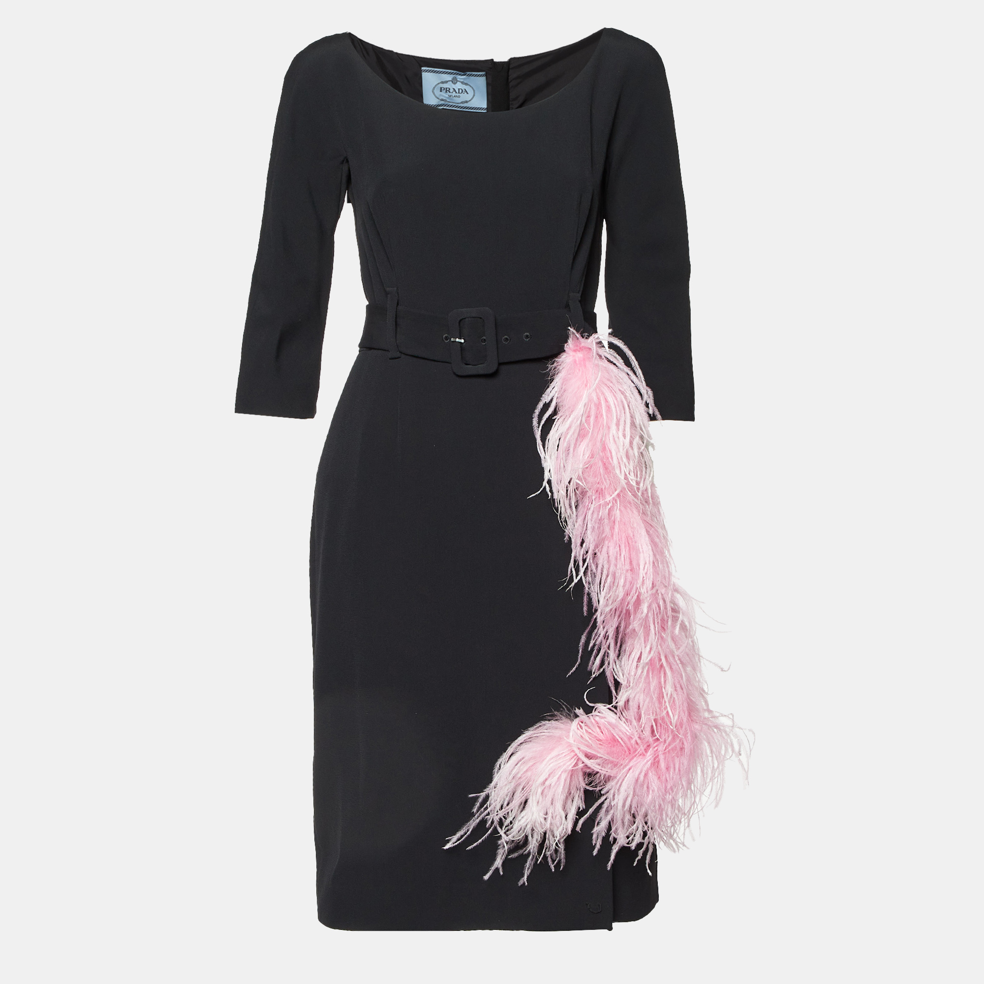 

Prada Pink Crepe Detachable Feather Trim Belted Knee-Length Dress M, Black