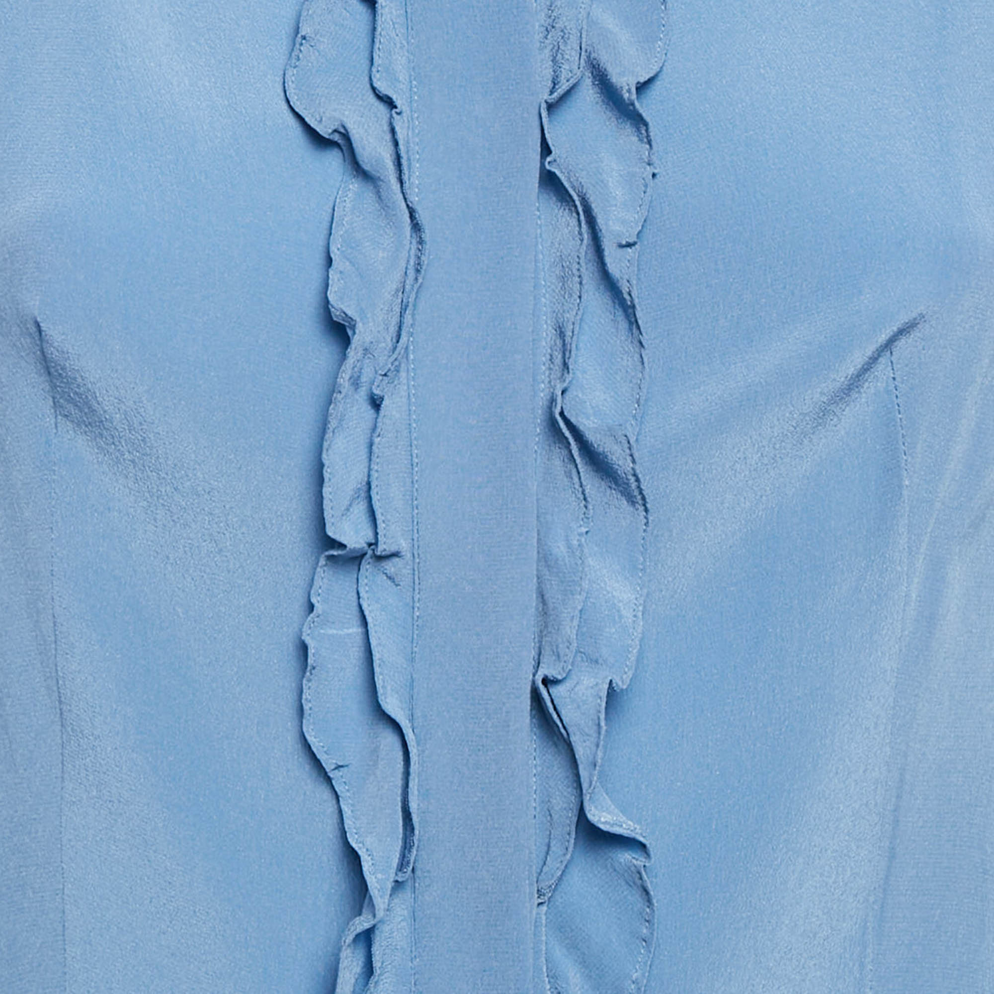 Prada Blue Silk Ruffled Button Front Blouse M 