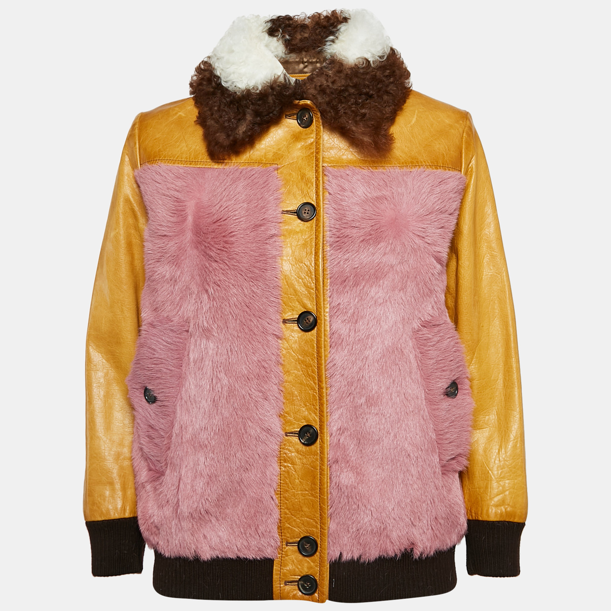 

Prada Mustard Yellow Leather and Fur Paneled Jacket S