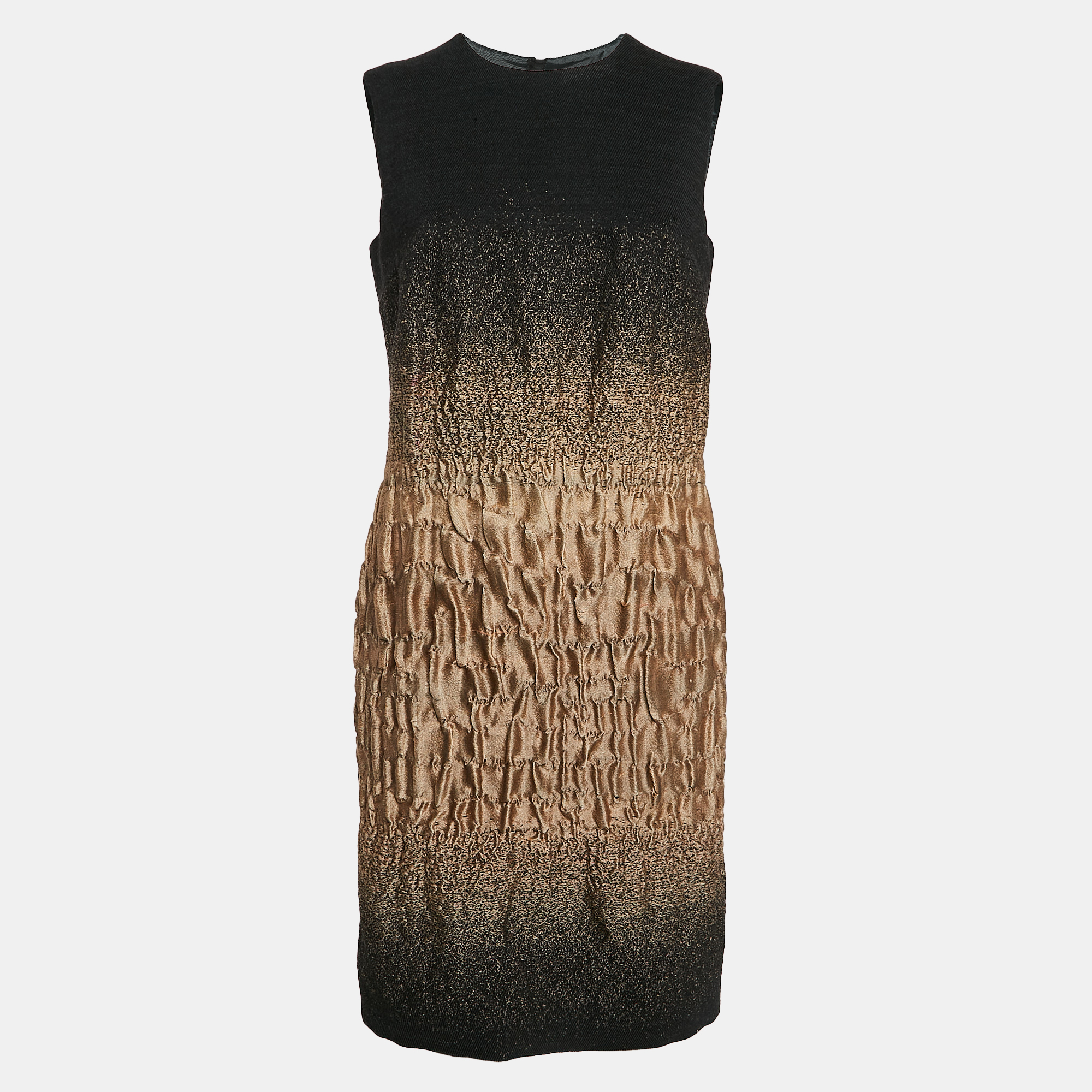 

Prada Black/Gold Ombre Crinkled Wool Sleeveless Knee Length Dress M