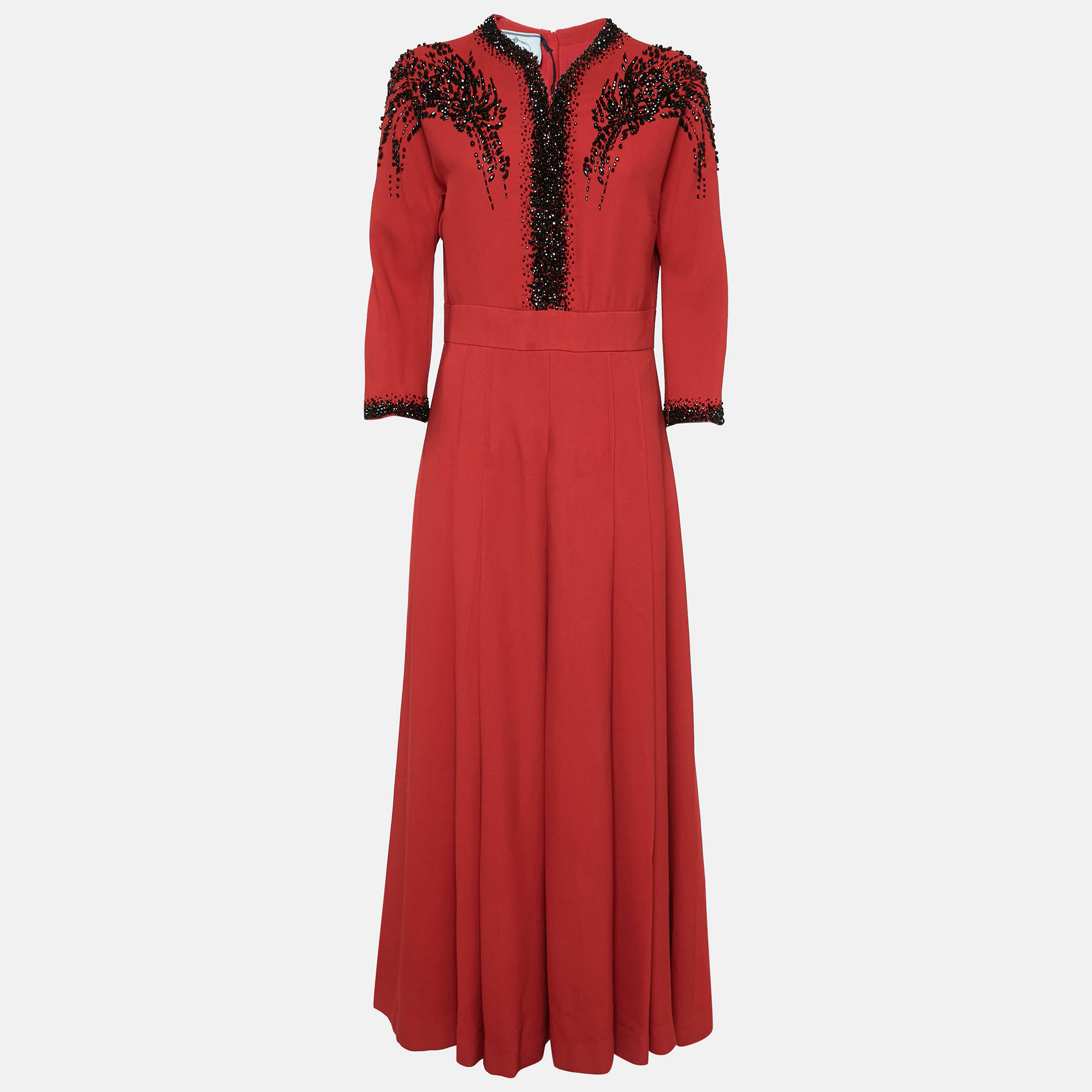 

Prada Red Embellished Crepe Pleated Maxi Dress M