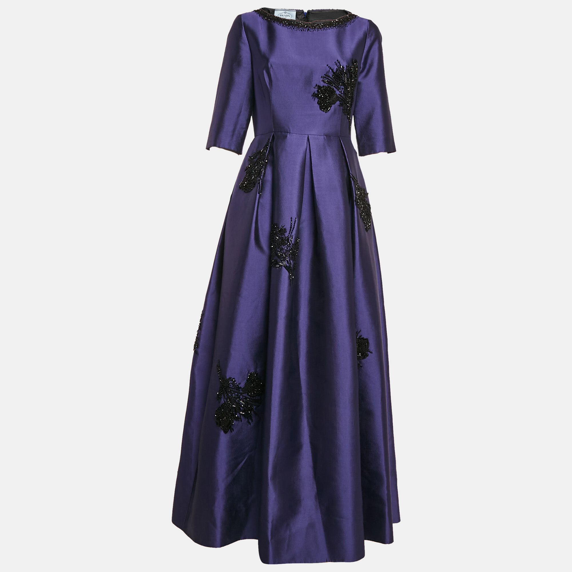 

Prada Blue Bead Embellished Wool and Silk Pleated Gown M