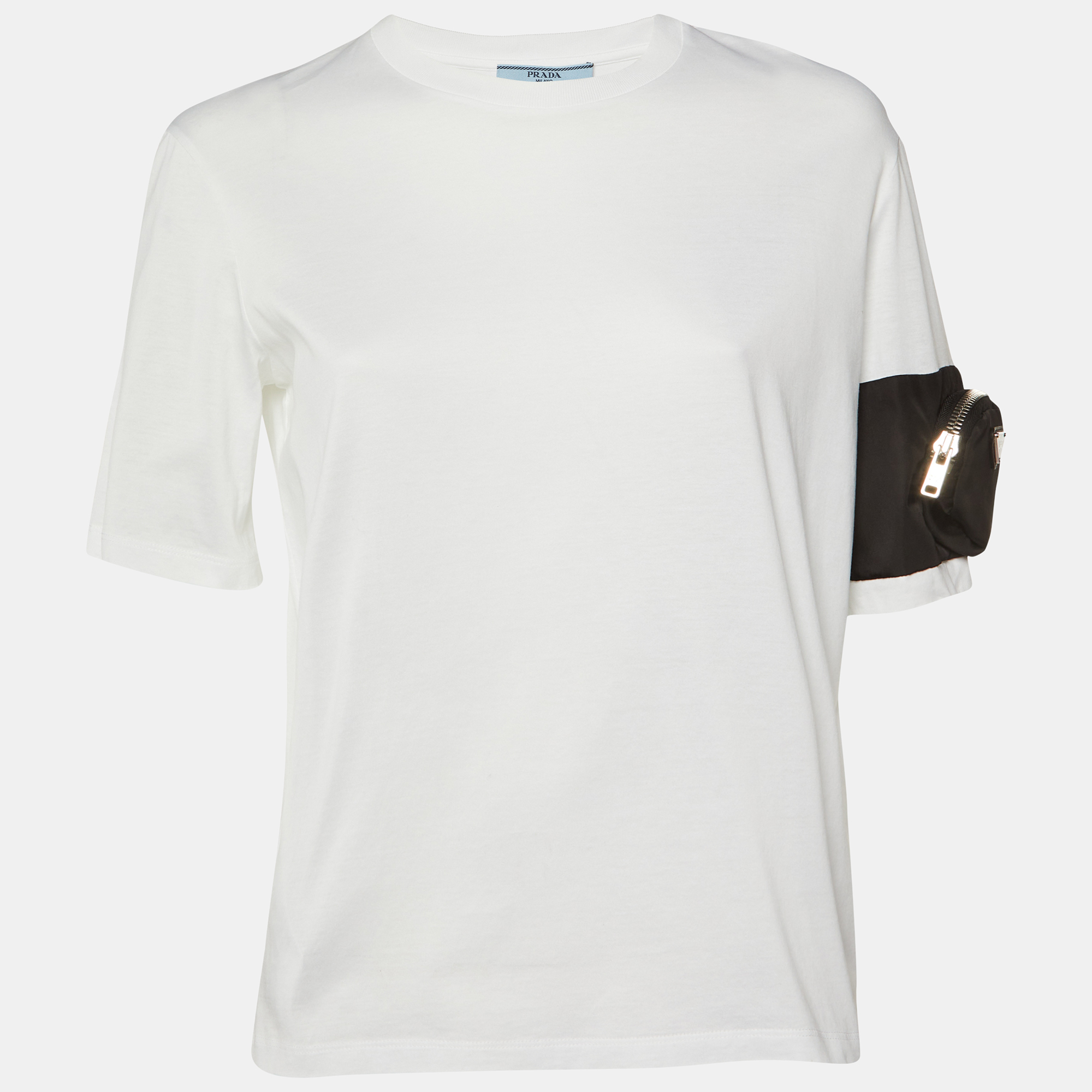 

Prada White Cotton Zip Pocket Sleeve Detail Crew Neck T-Shirt S