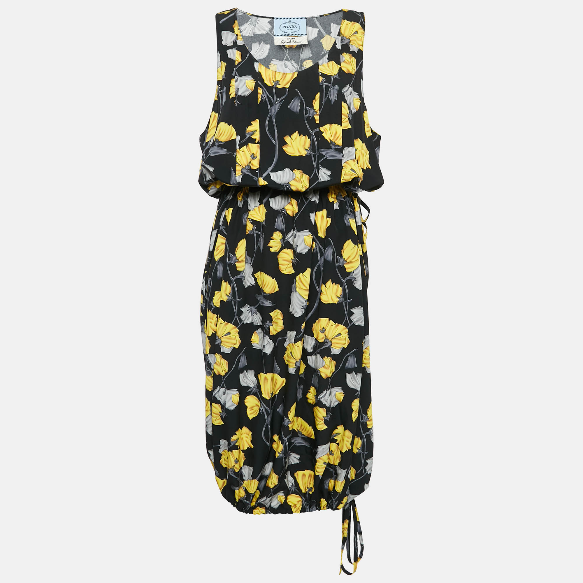 

Prada Black Floral Print Silk Sleeveless Adjustable Waist Midi Dress M