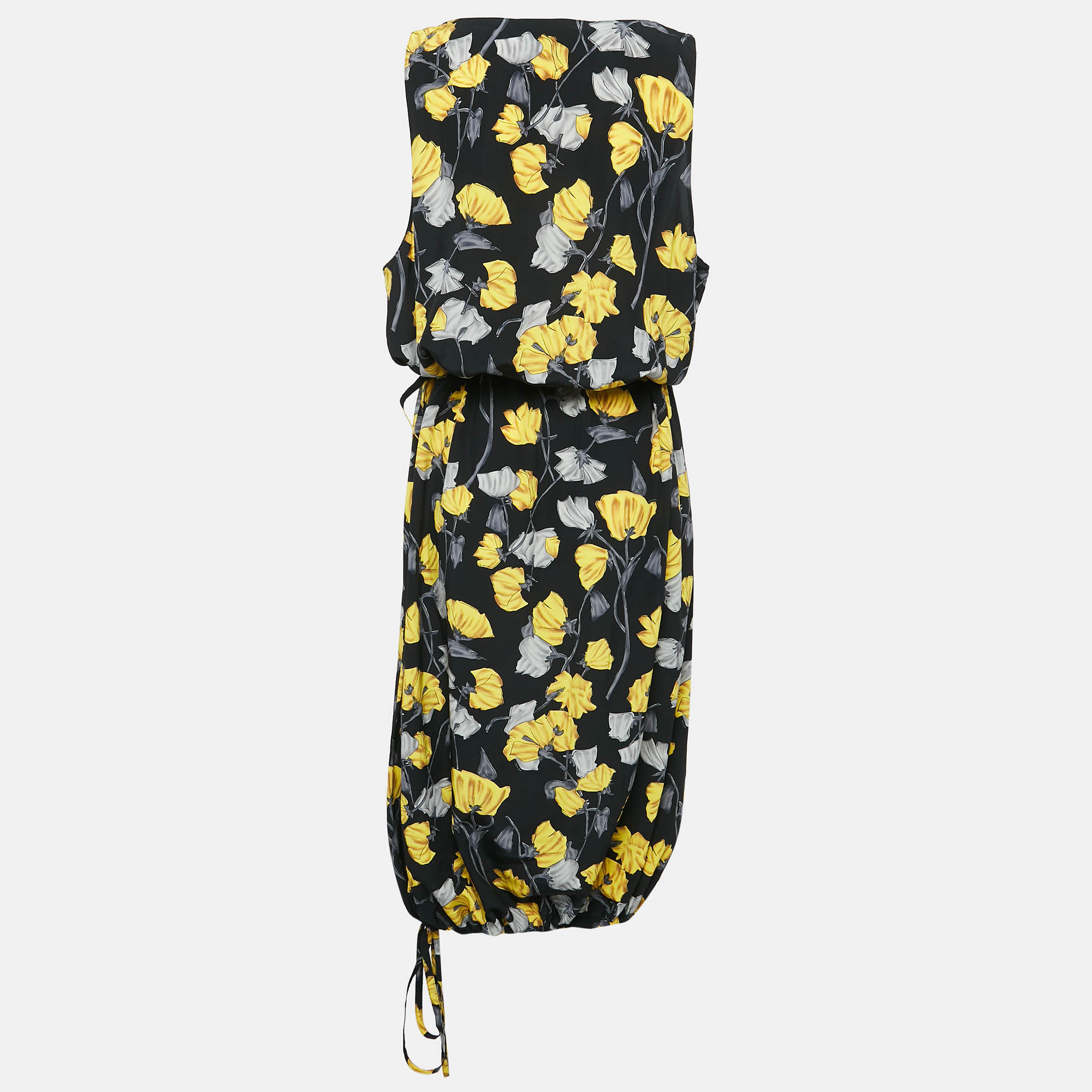 Prada Black Floral Print Silk Sleeveless Adjustable Waist Midi Dress M 
