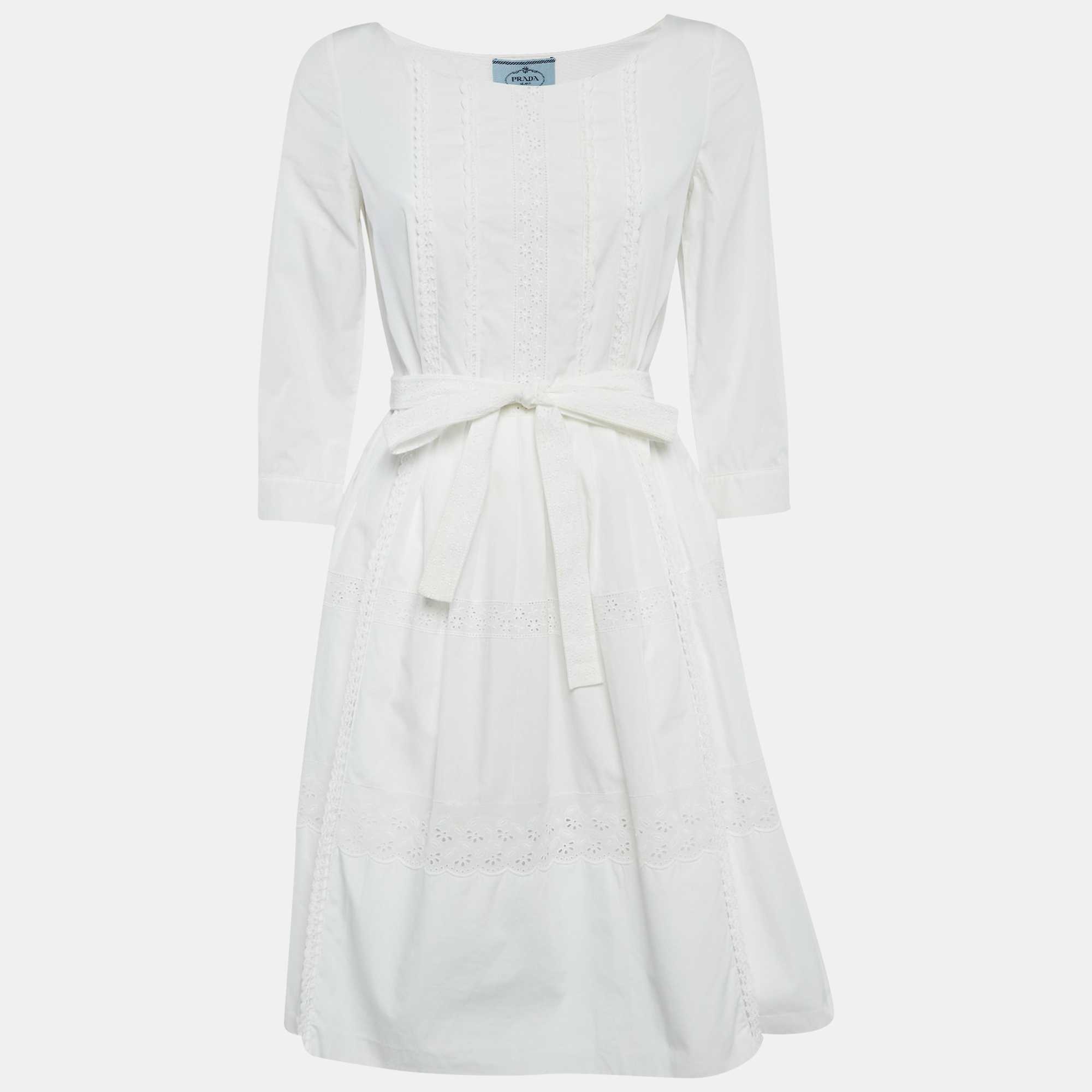 

Prada White Cotton Lace Trim Detail Pleated Short Dress S