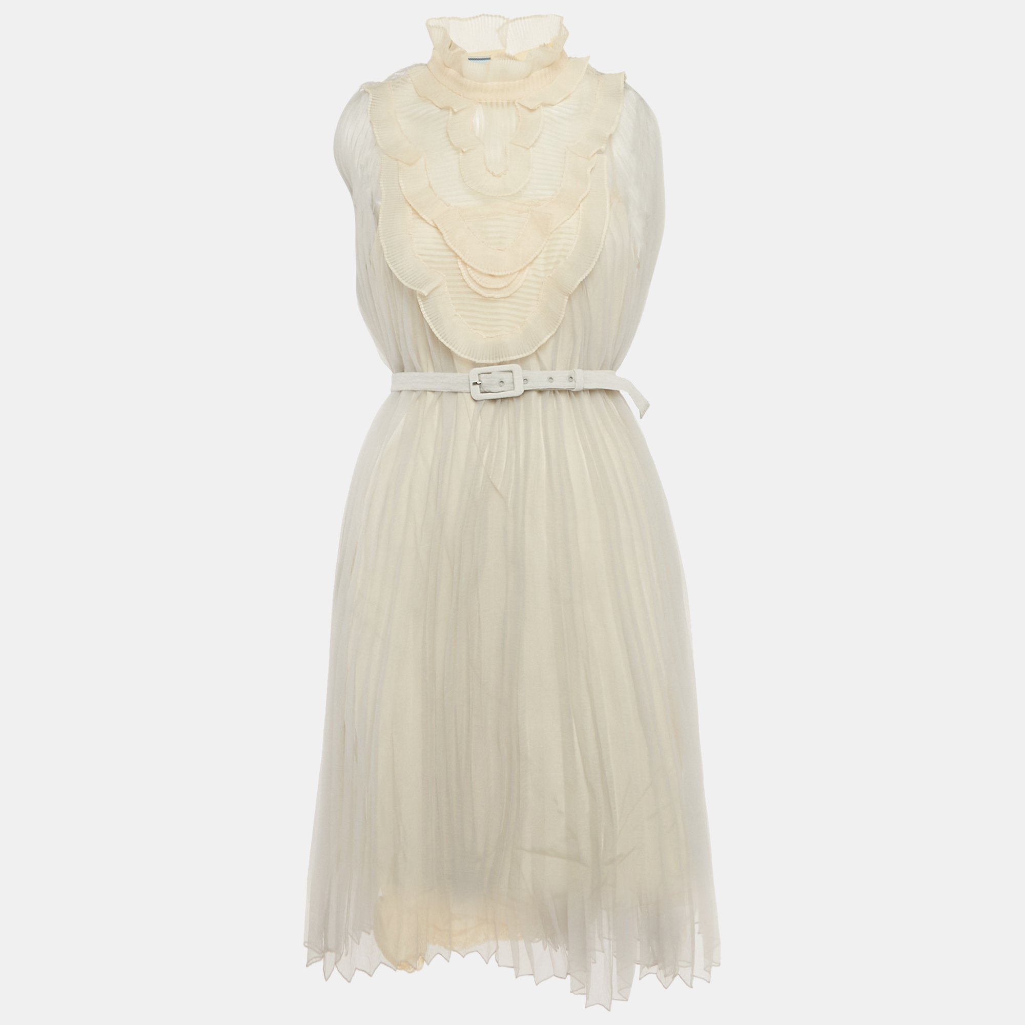 

Prada Light Grey Plisse Organza Jabot Detail Dress M