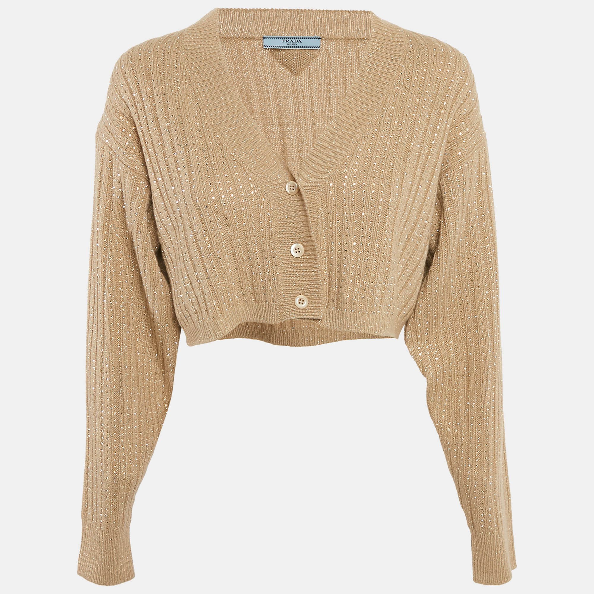 

Prada Beige Rib Knit Rhinestones Cardigan M