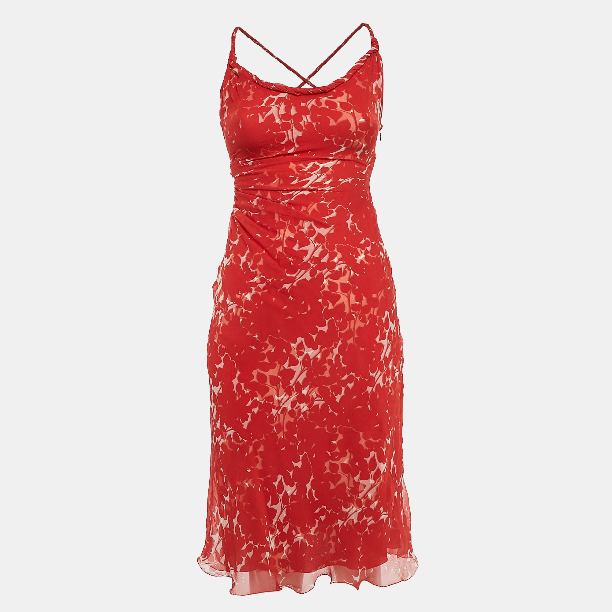 

Prada Red Printed Silk Sleeveless Midi Dress M