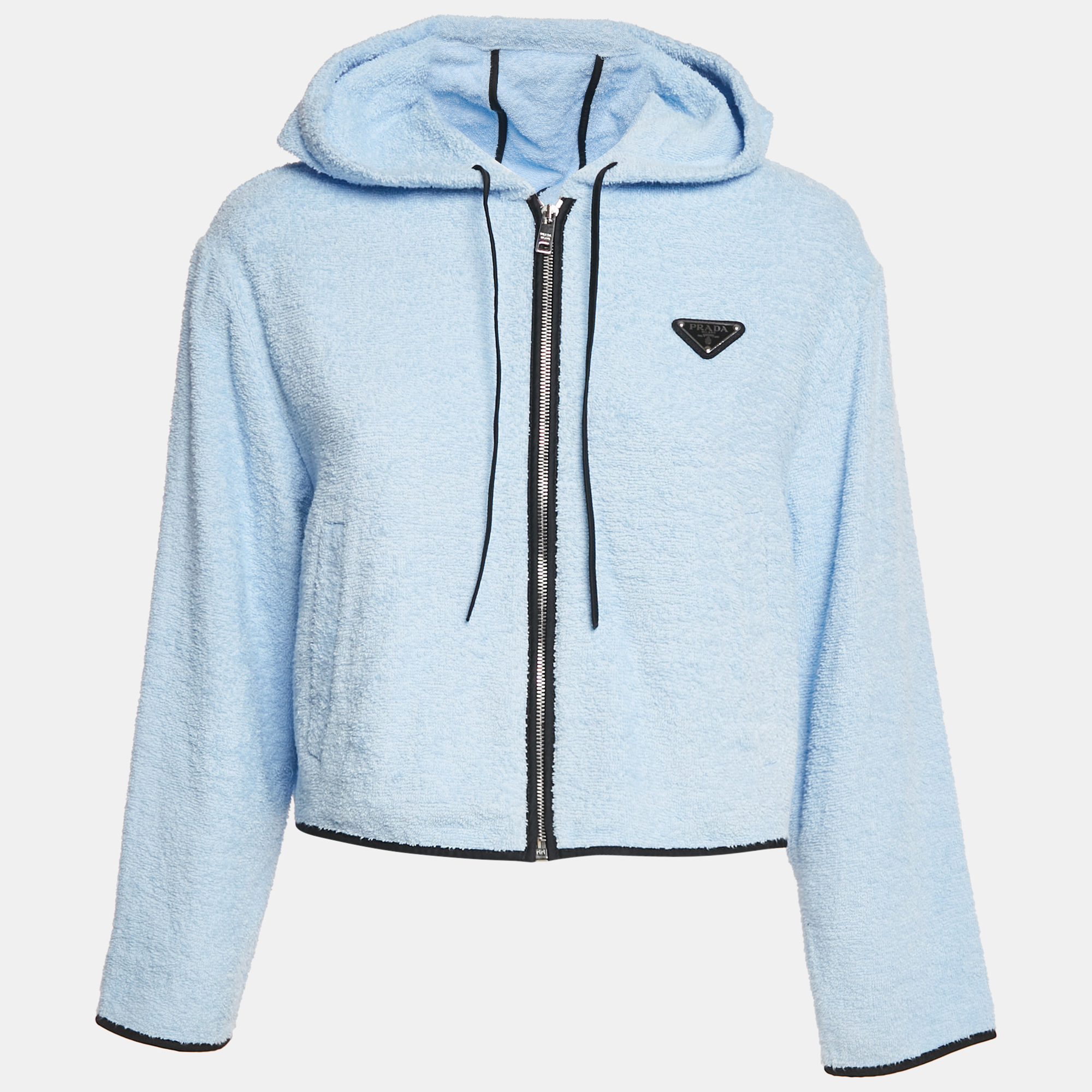 

Prada Blue Terry Cotton Logo Plaque Hooded Jacket S