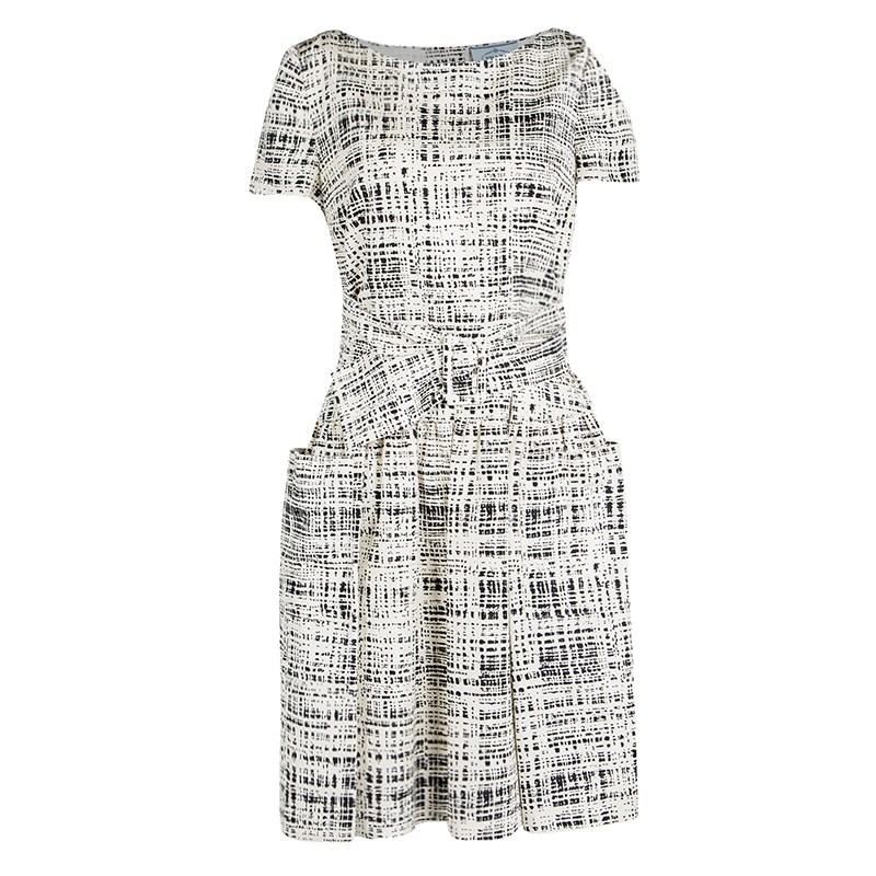 Prada Monochrome Printed Silk Short Sleeve Pocket Detail Belted Dress M