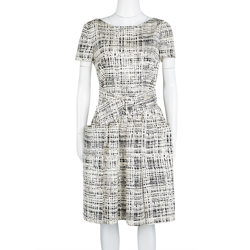 

Prada Monochrome Printed Silk Short Sleeve Pocket Detail Belted Dress, Cream