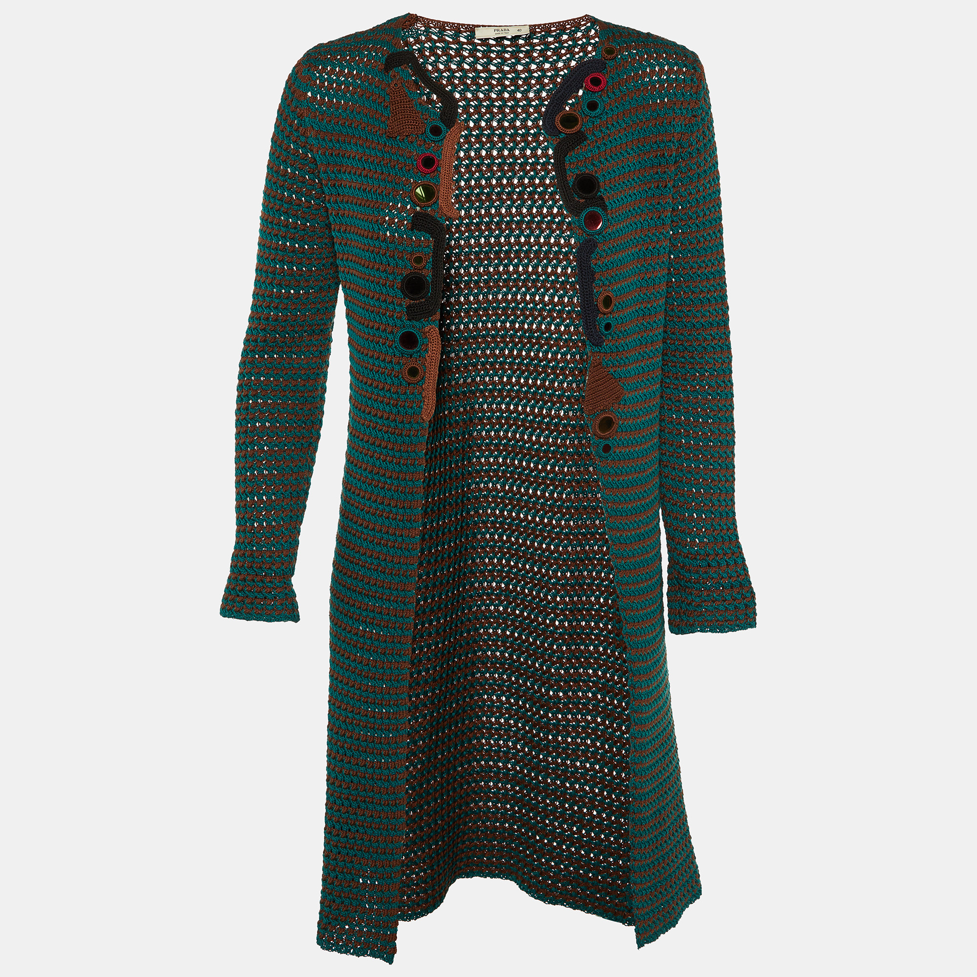 

Prada Brown/Teal Crochet Knit Open Front Cardigan S