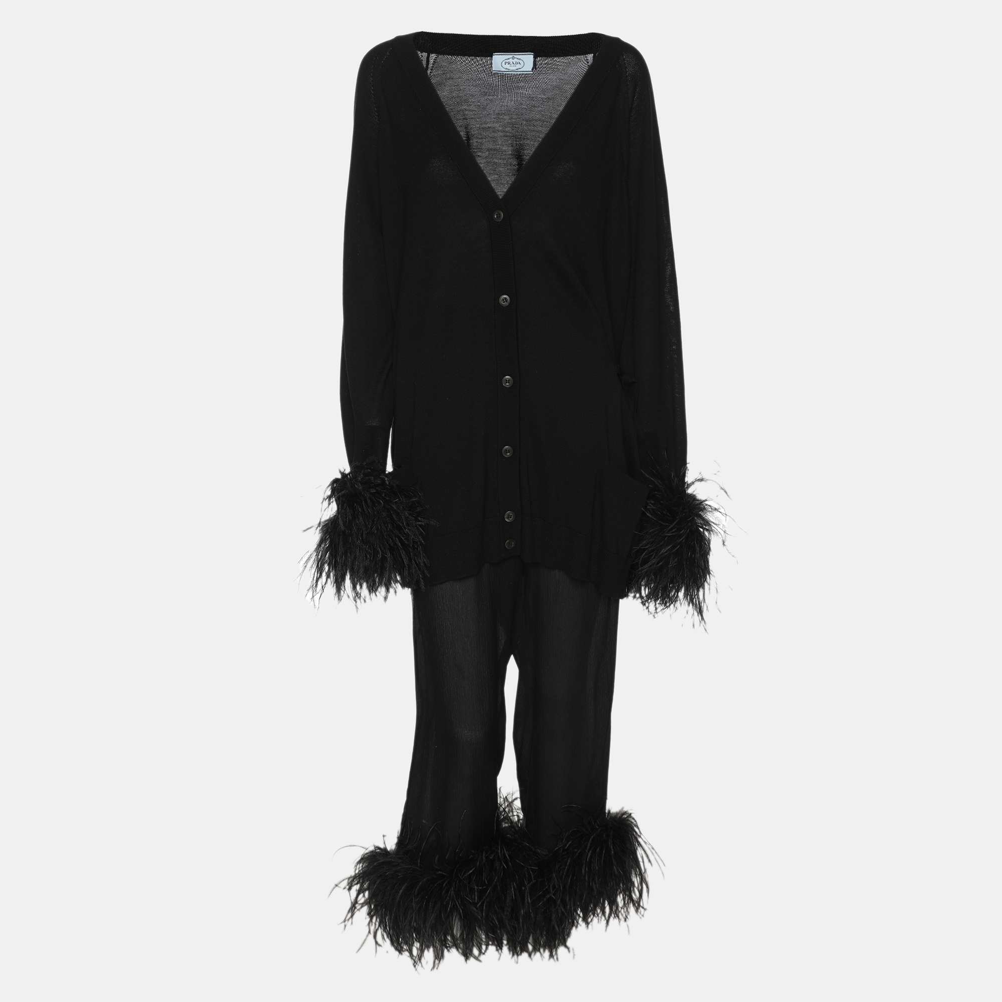 

Prada Black Wool Knit Ostrich Feather Top & Pant Suit L