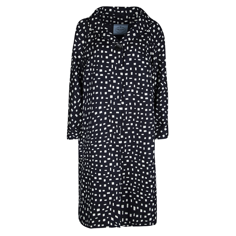 Pre Owned Prada Navy Blue and White Printed Silk Overcoat L