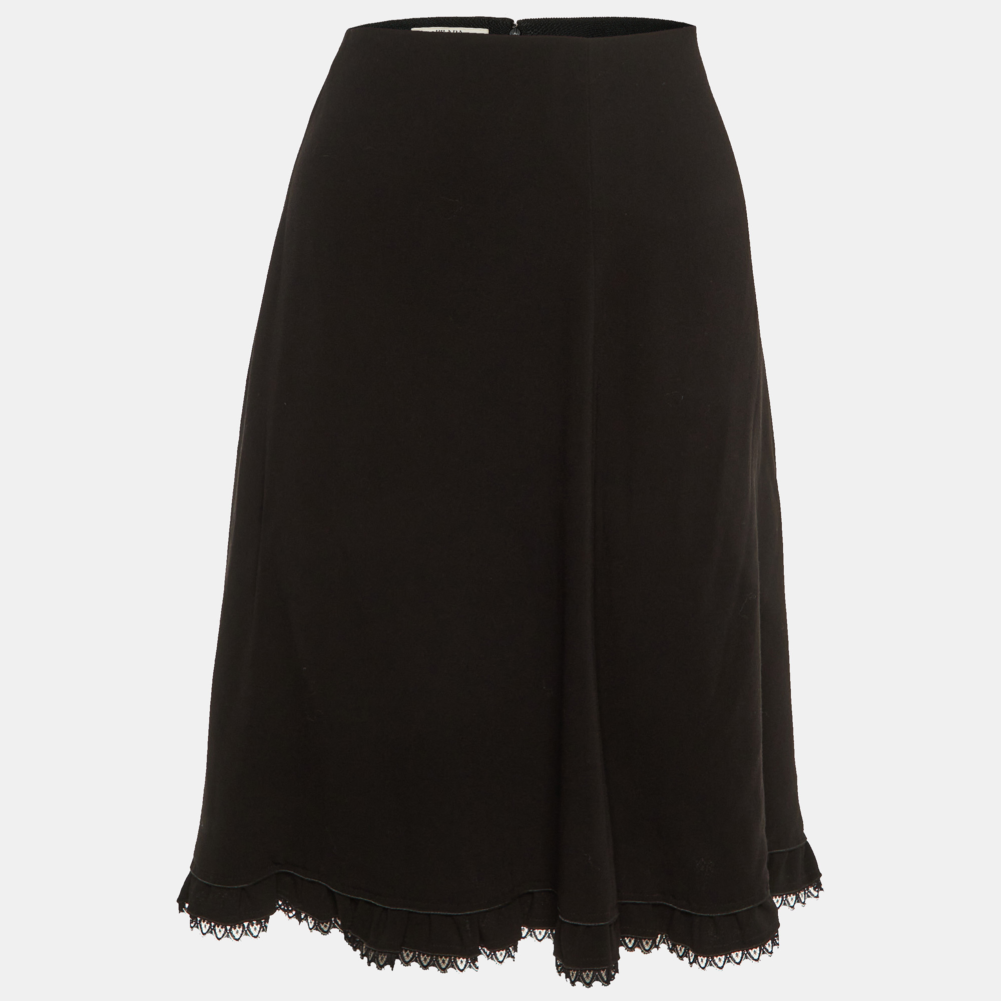 

Prada Black Crepe Lace Trim Knee Length Skirt M