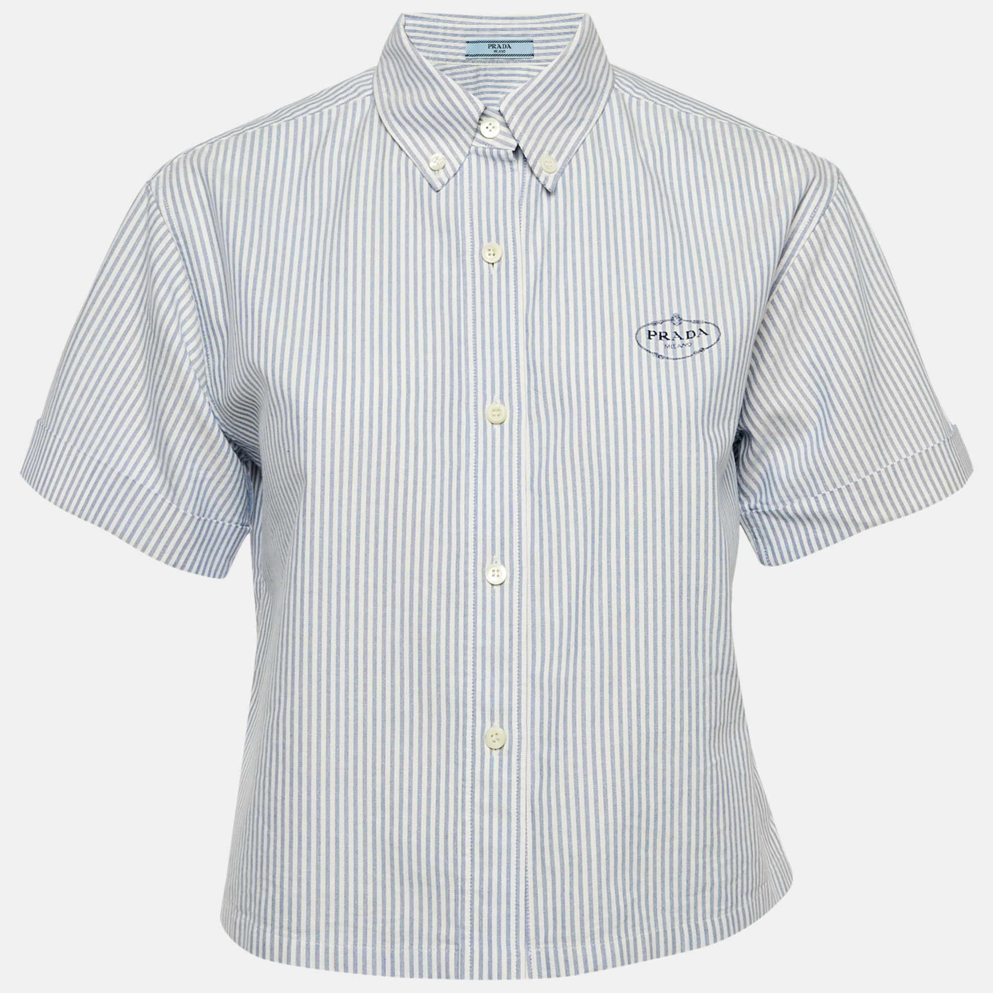 

Prada Blue Striped Cotton Blend Short Sleeve Crop Shirt S