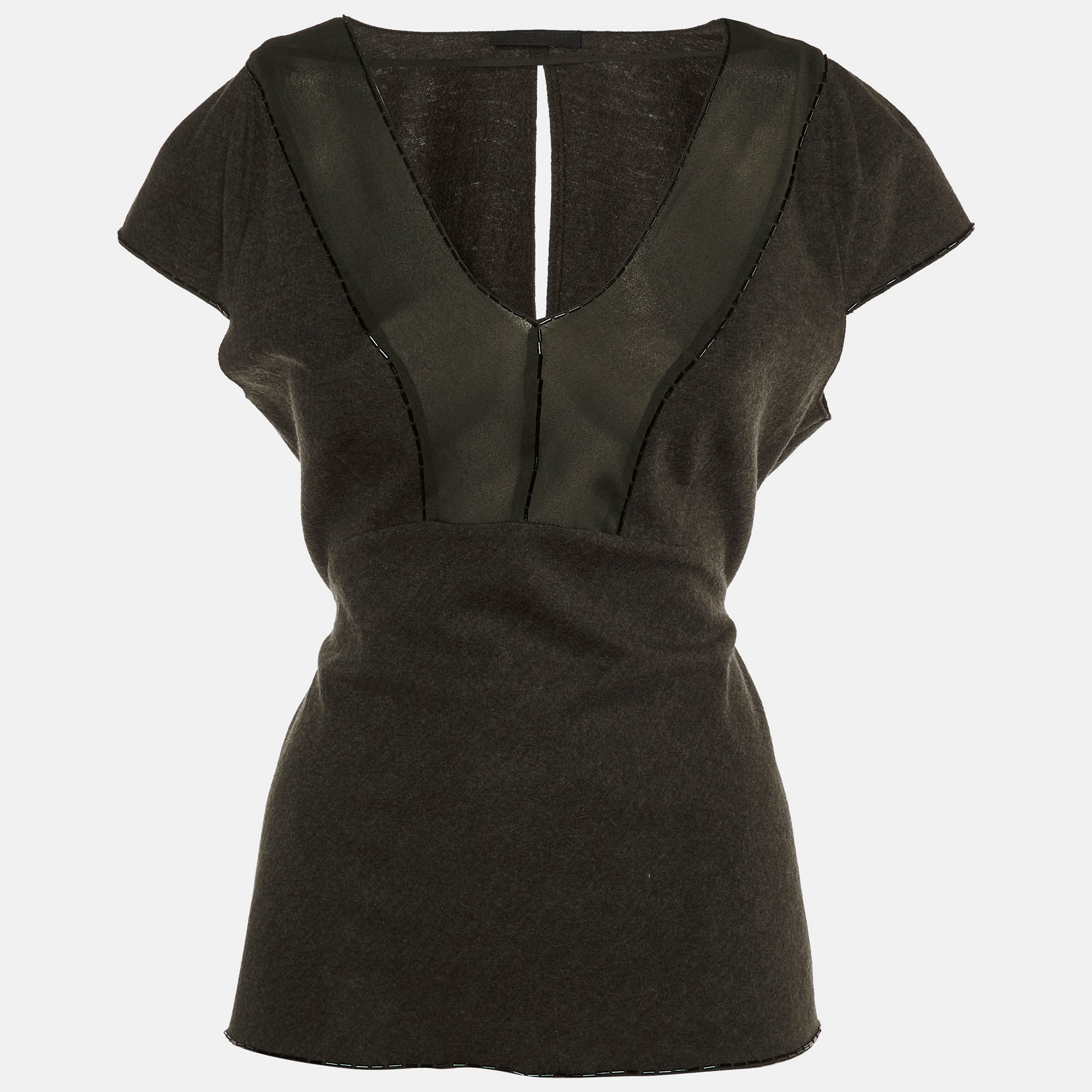 Pre-owned Prada Grey/green Wool & Silk Bead Detail Top L