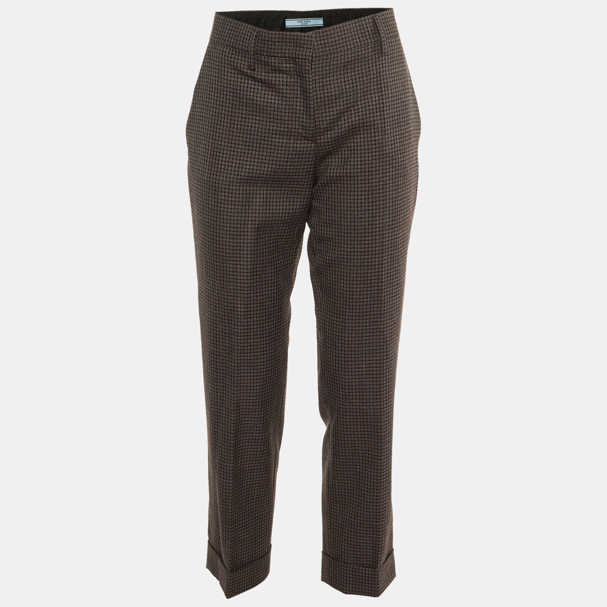 

Prada Grey/Burgundy Checked Wool Cuffed Hem Trousers M