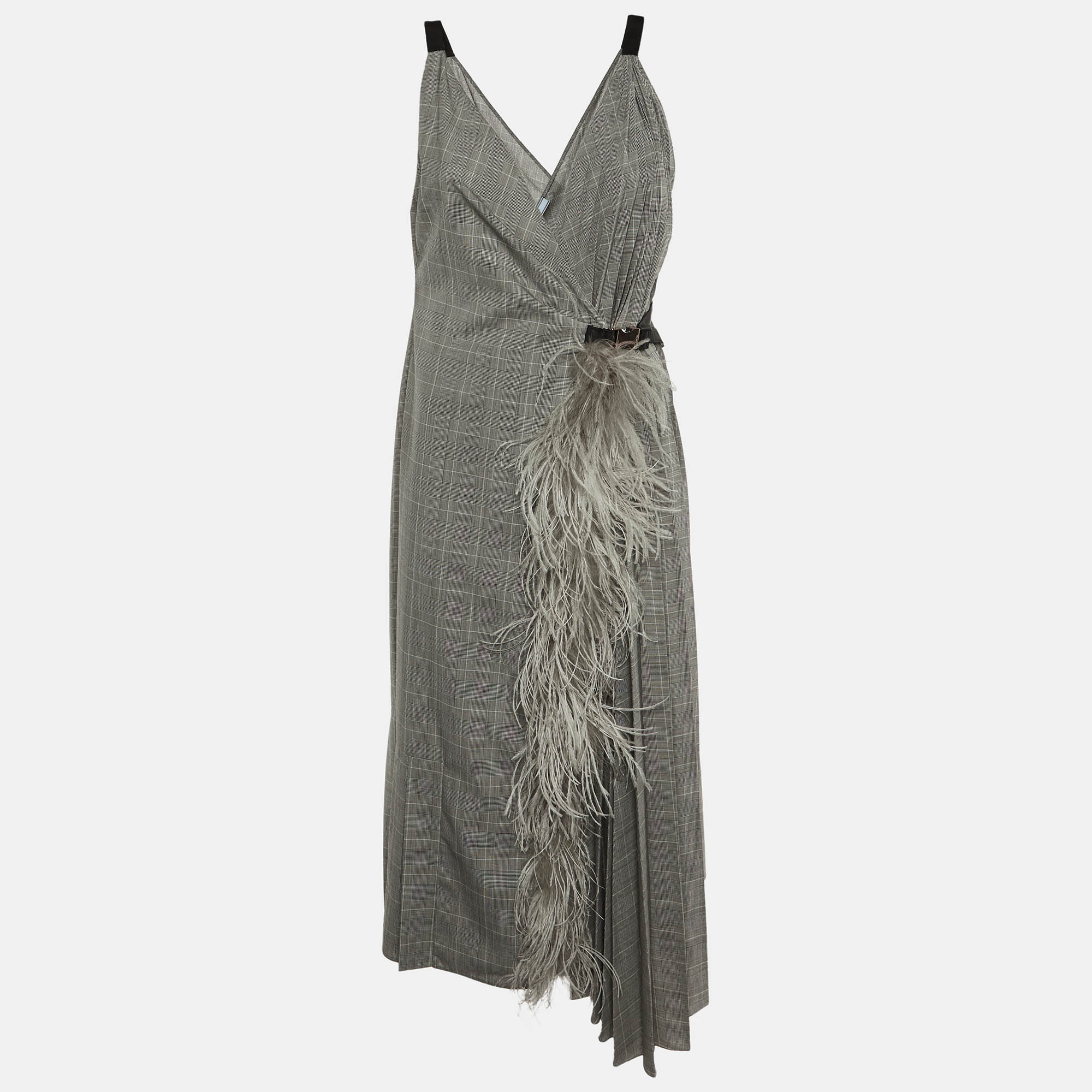 

Prada Grey Checked Wool Feather Trim Pleated Wrap Dress L