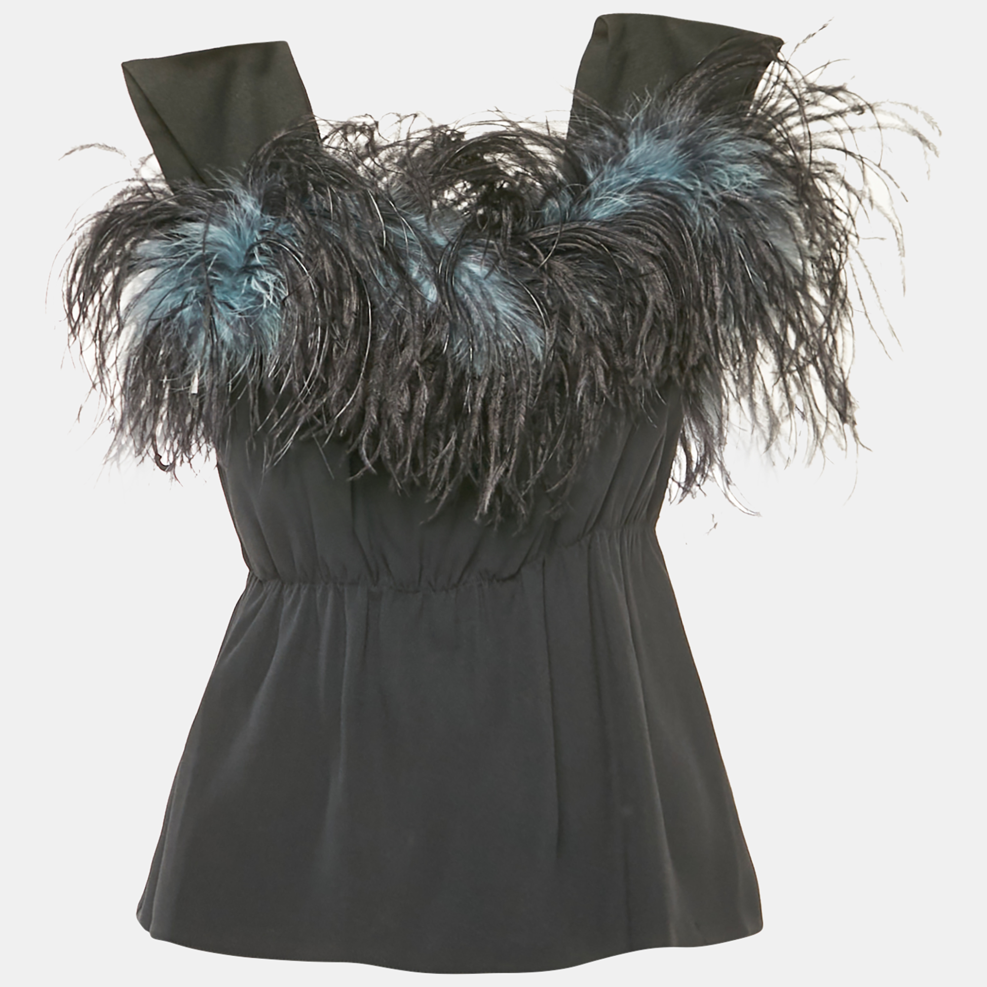 

Prada Black Crepe Feather Trim Ruched Top M
