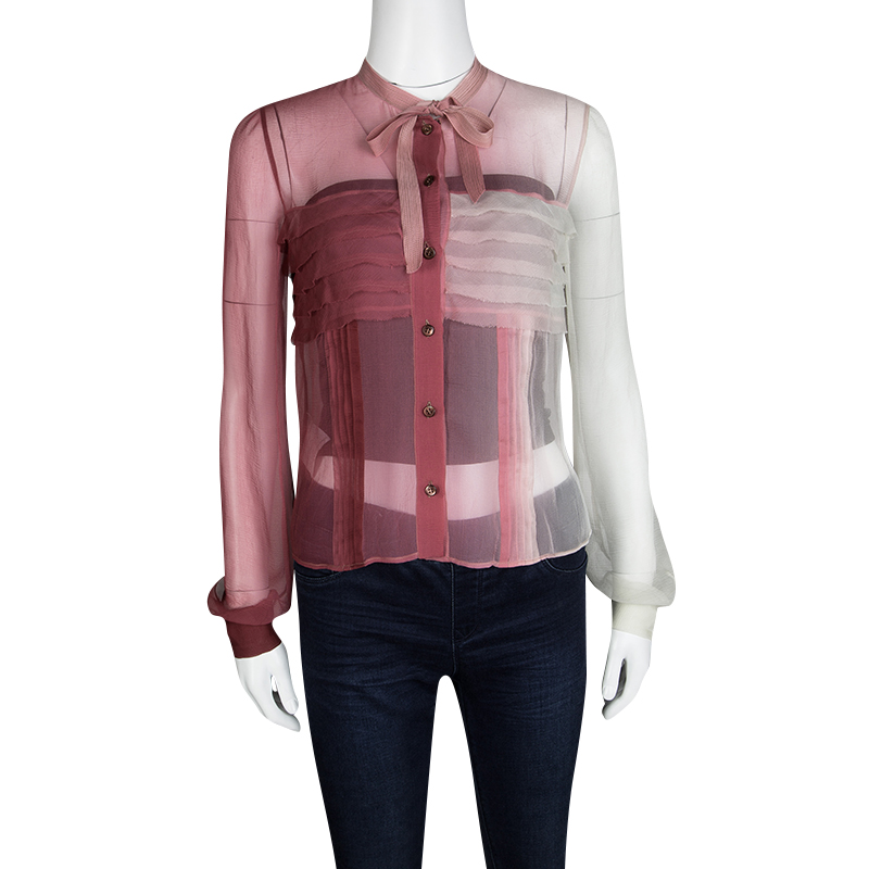 

Prada SS'04 Pink Ombre Neck Tie Detail Pleated Long Sleeve Silk Blouse, Multicolor