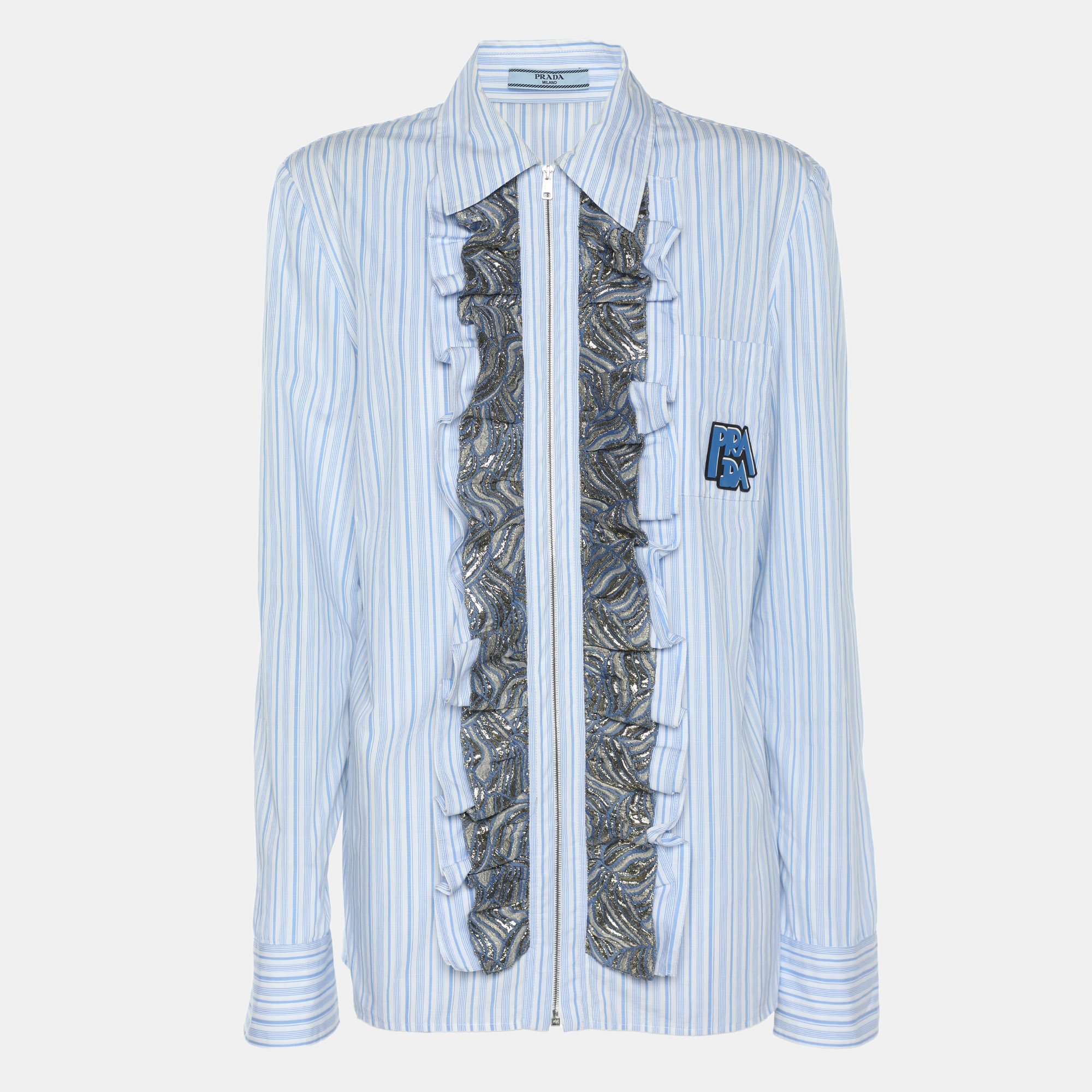 Prada Blue/White Striped Cotton Brocade Ruffle Detail Button Front Shirt M