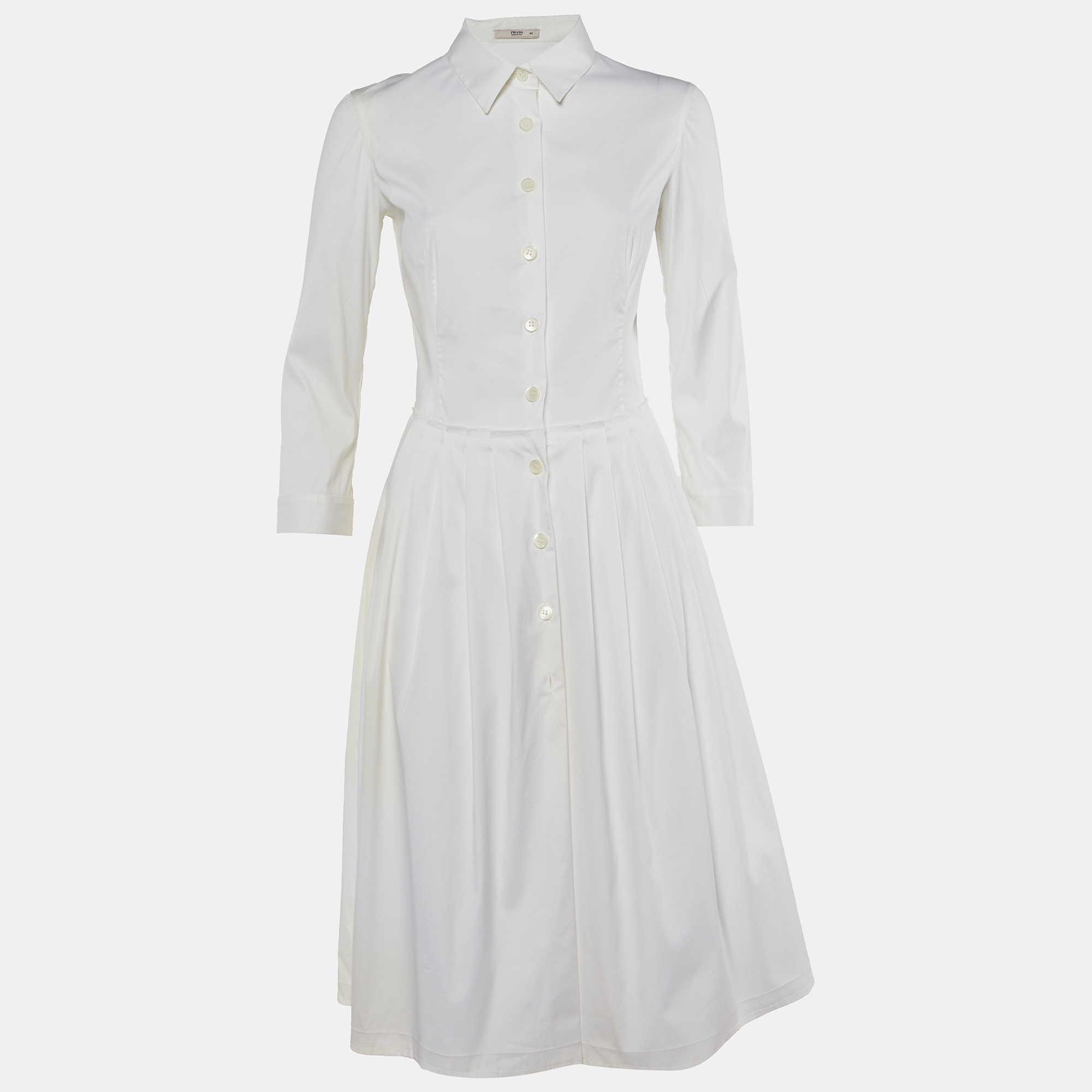 

Prada White Stretch Cotton Pleated Shirt Dress M