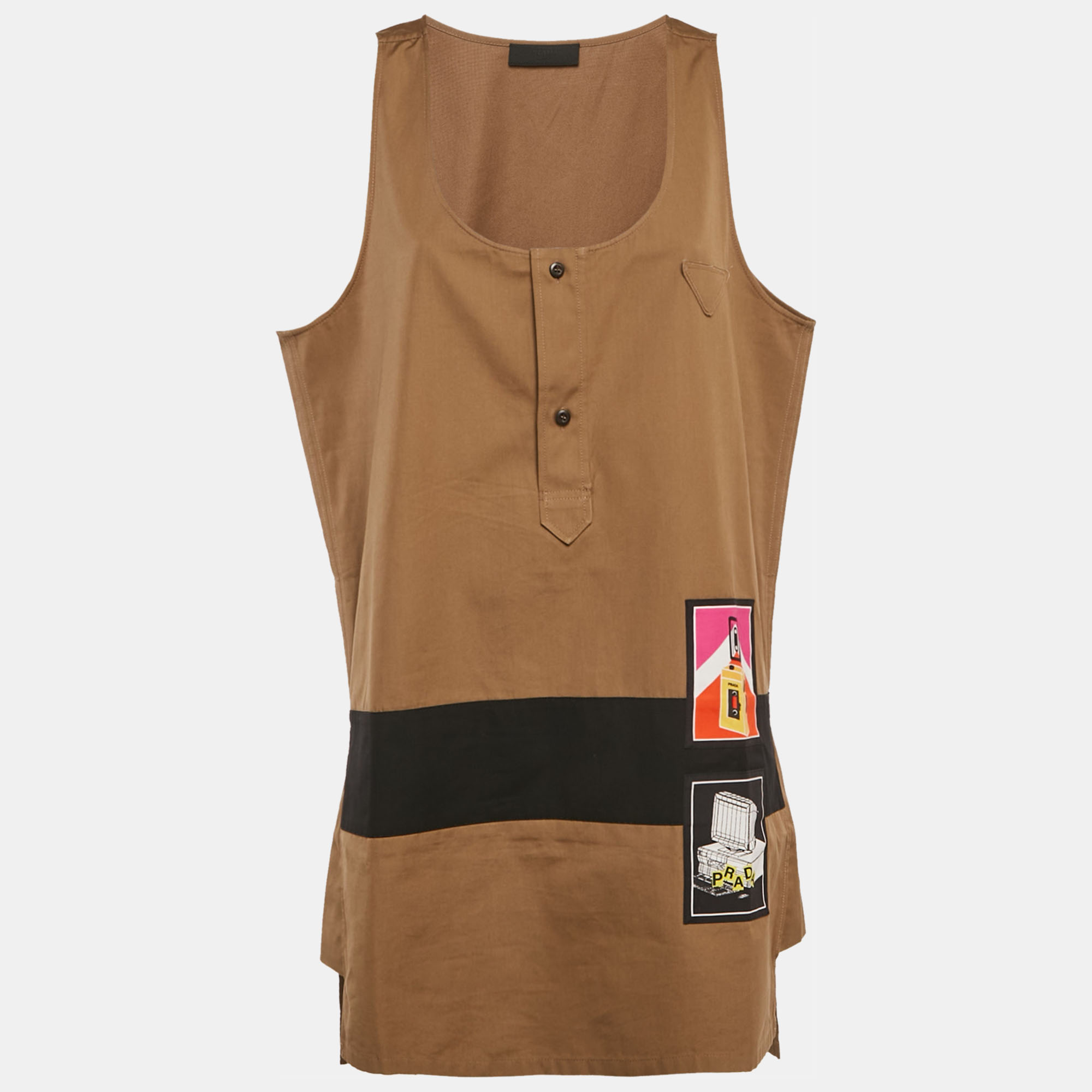 

Prada Brown Khaki Cotton Applique Sleeveless Mini Dress M