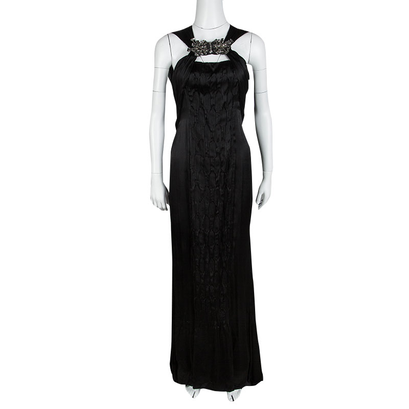 

Prada Black Satin Neck Embellished Draped Ruffle Detail Sleeveless Gown