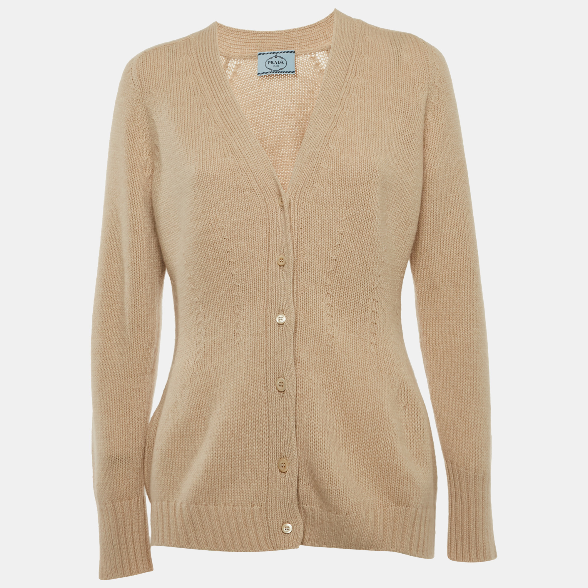 Pre-owned Prada Beige Wool Knit Button Front Long Sleeve Cardigan M