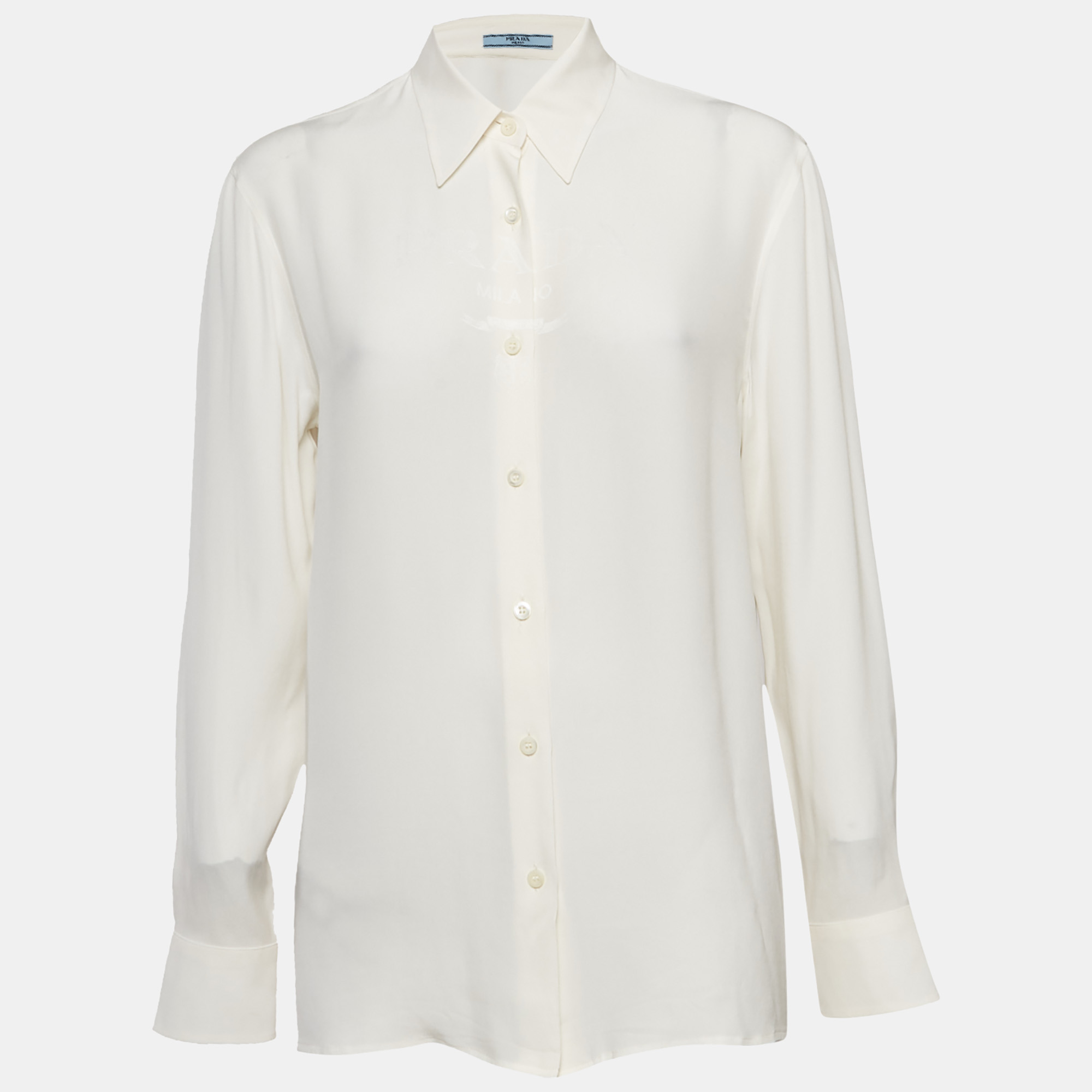 

Prada Off-White Satin Logo Detail Long Sleeve Shirt S