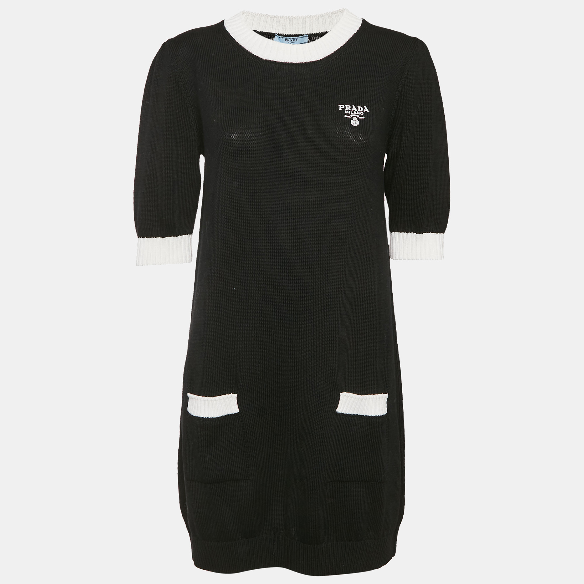 

Prada Black Cotton Knit Logo Embroidered Mini Dress M