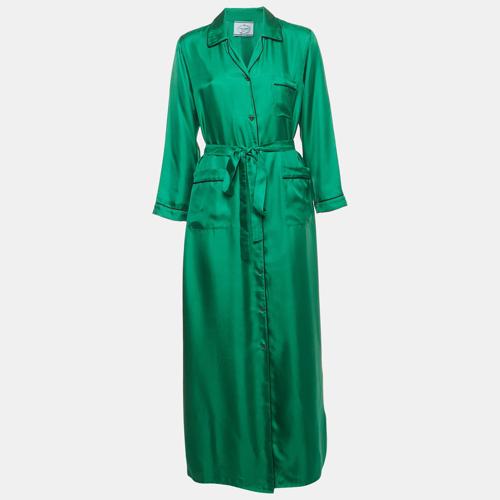 

Prada Green Satin Silk Button Front Belted Long Dress M