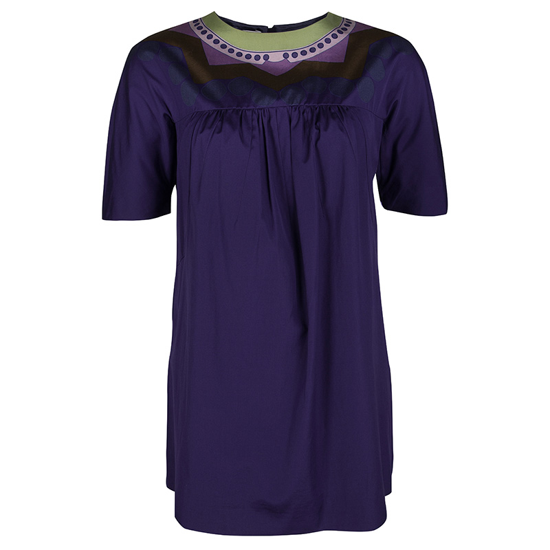 Prada Purple Printed Yoke Detail Short Sleeve Cotton Blouse S