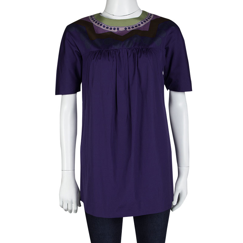 

Prada Purple Printed Yoke Detail Short Sleeve Cotton Blouse